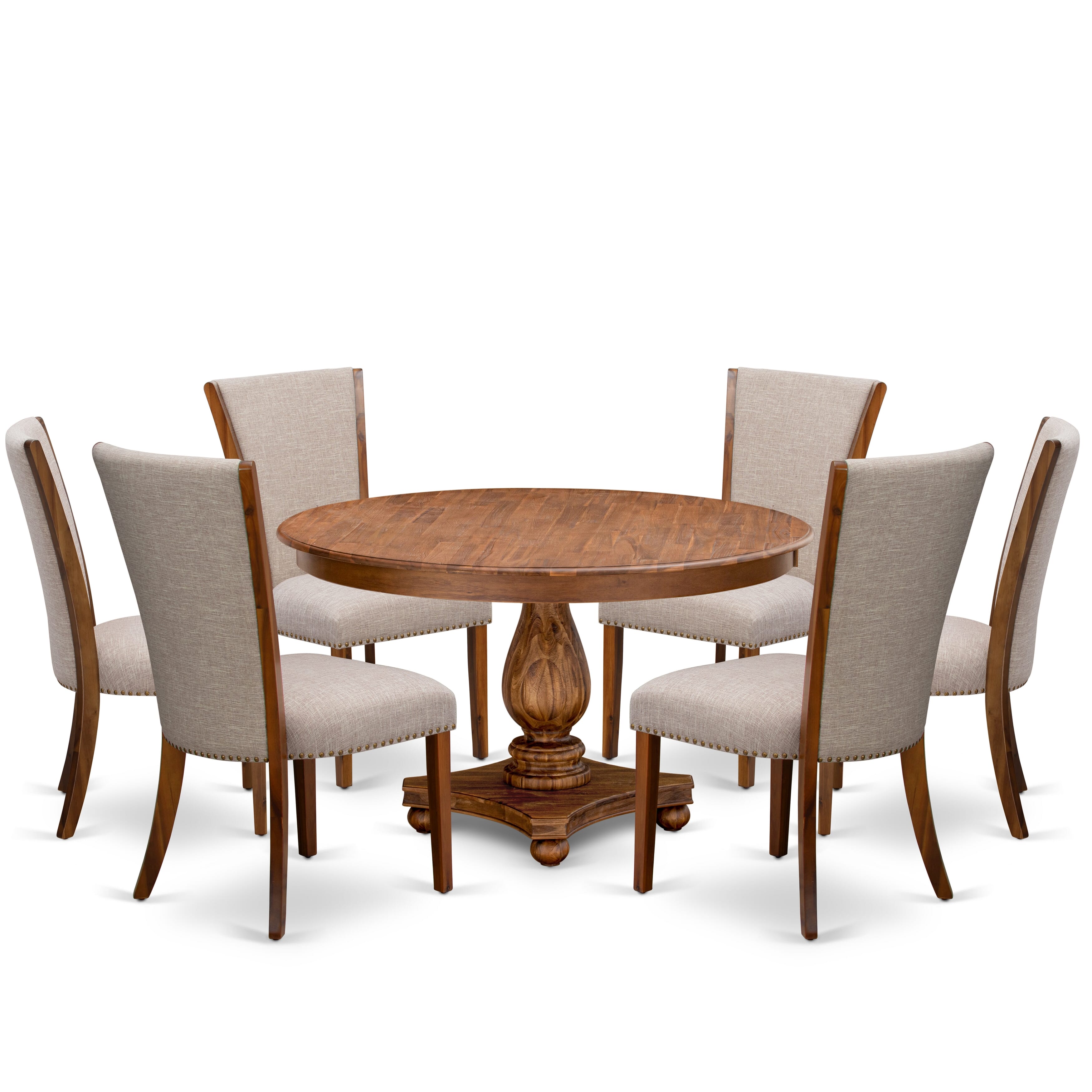 Luxe by East West Furniture F2VE7-50N-04 7 Piece Dinette Set Consists of a 54" Round Dining Table with Pedestal and 6 Light Tan Linen Fabric Parson Chairs, Antique Walnut