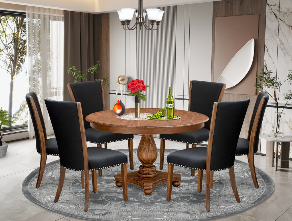 Luxe by East West Furniture F2VE7-50N-24 7 Piece Dining Table Set for 6 Includes a 54" Round Table with Pedestal and 6 Black Linen Fabric Parson Chairs, Antique Walnut