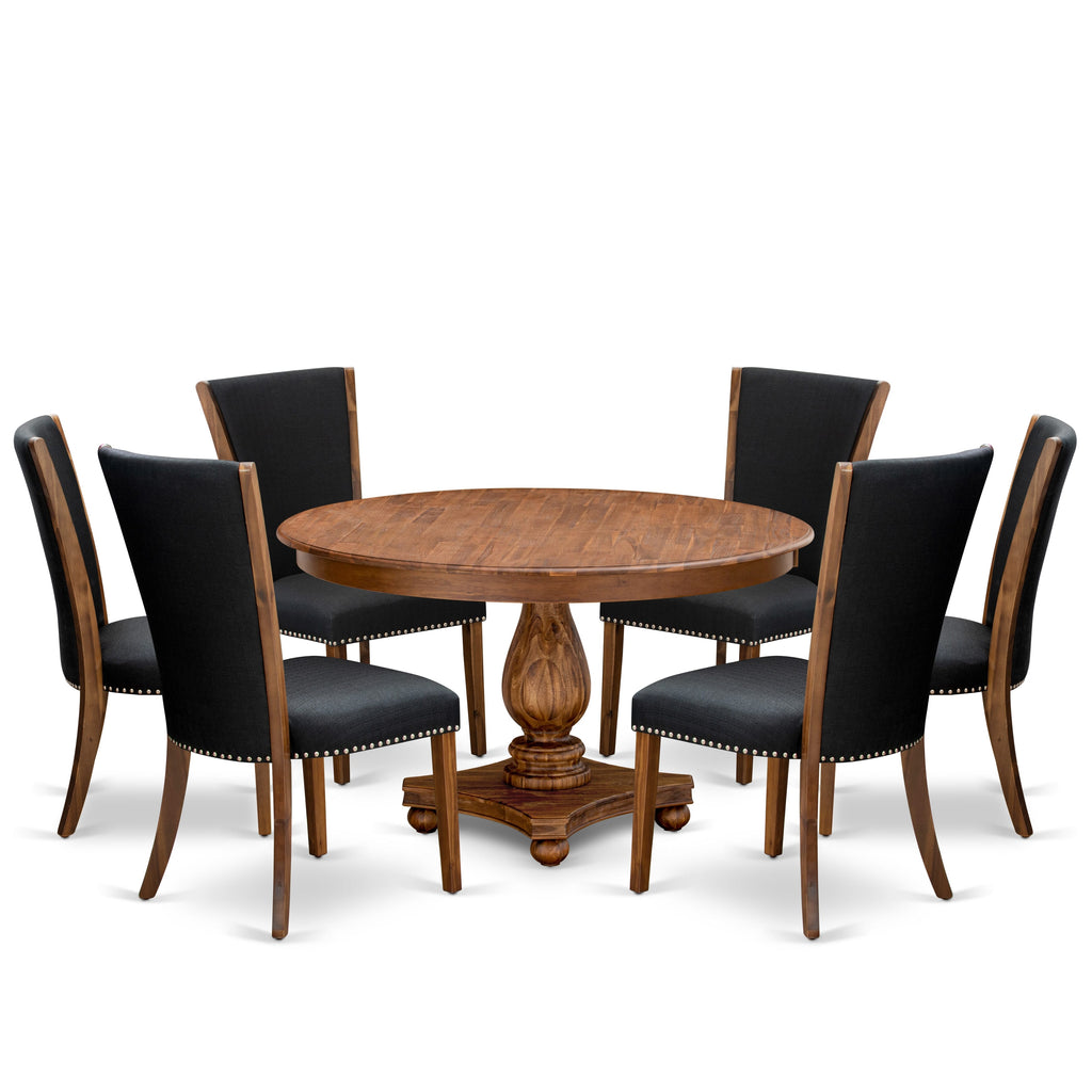 Luxe by East West Furniture F2VE7-50N-24 7 Piece Dining Table Set for 6 Includes a 54" Round Table with Pedestal and 6 Black Linen Fabric Parson Chairs, Antique Walnut