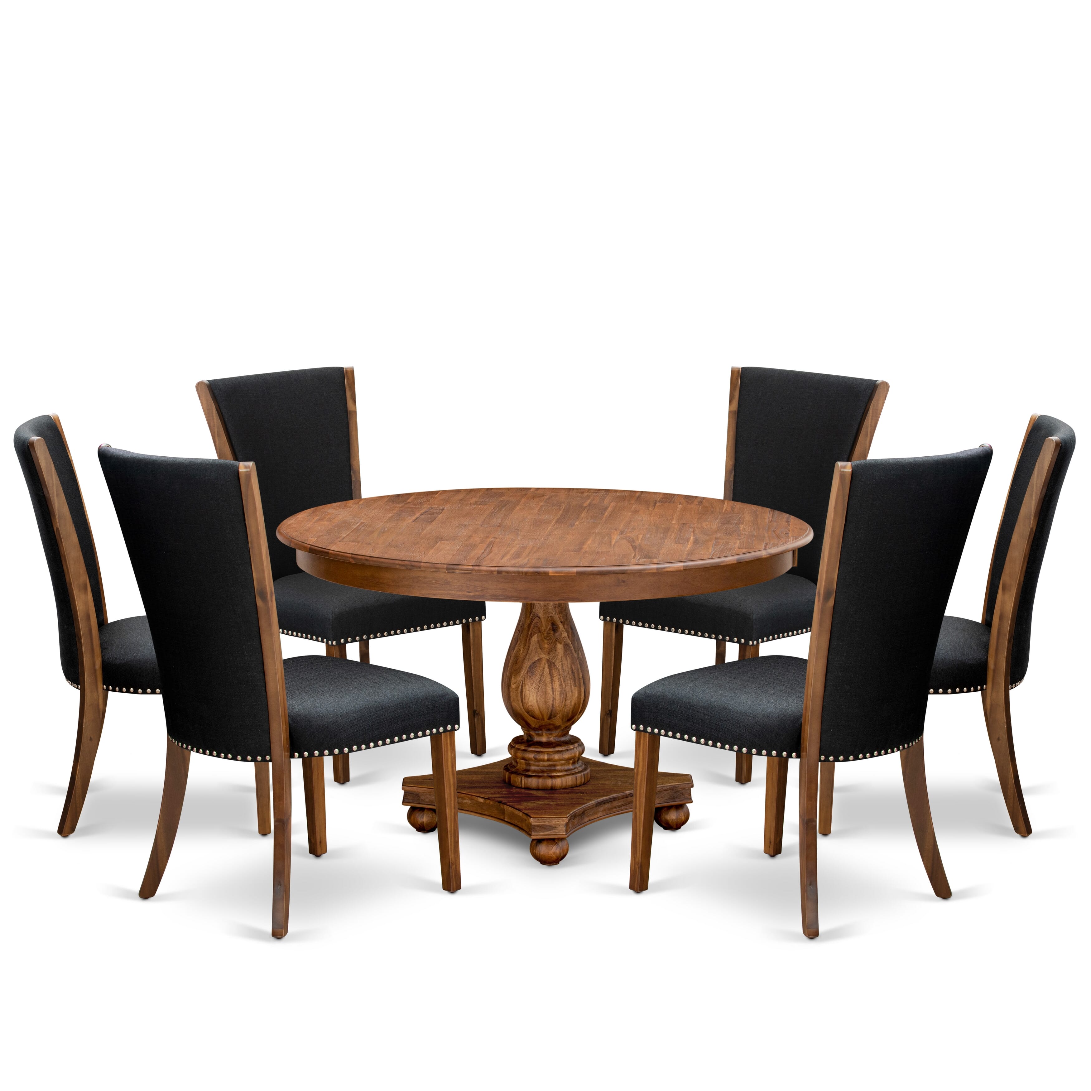 Luxe by East West Furniture F2VE7-50N-24 7 Piece Dining Table Set for 6 Includes a 54" Round Table with Pedestal and 6 Black Linen Fabric Parson Chairs, Antique Walnut