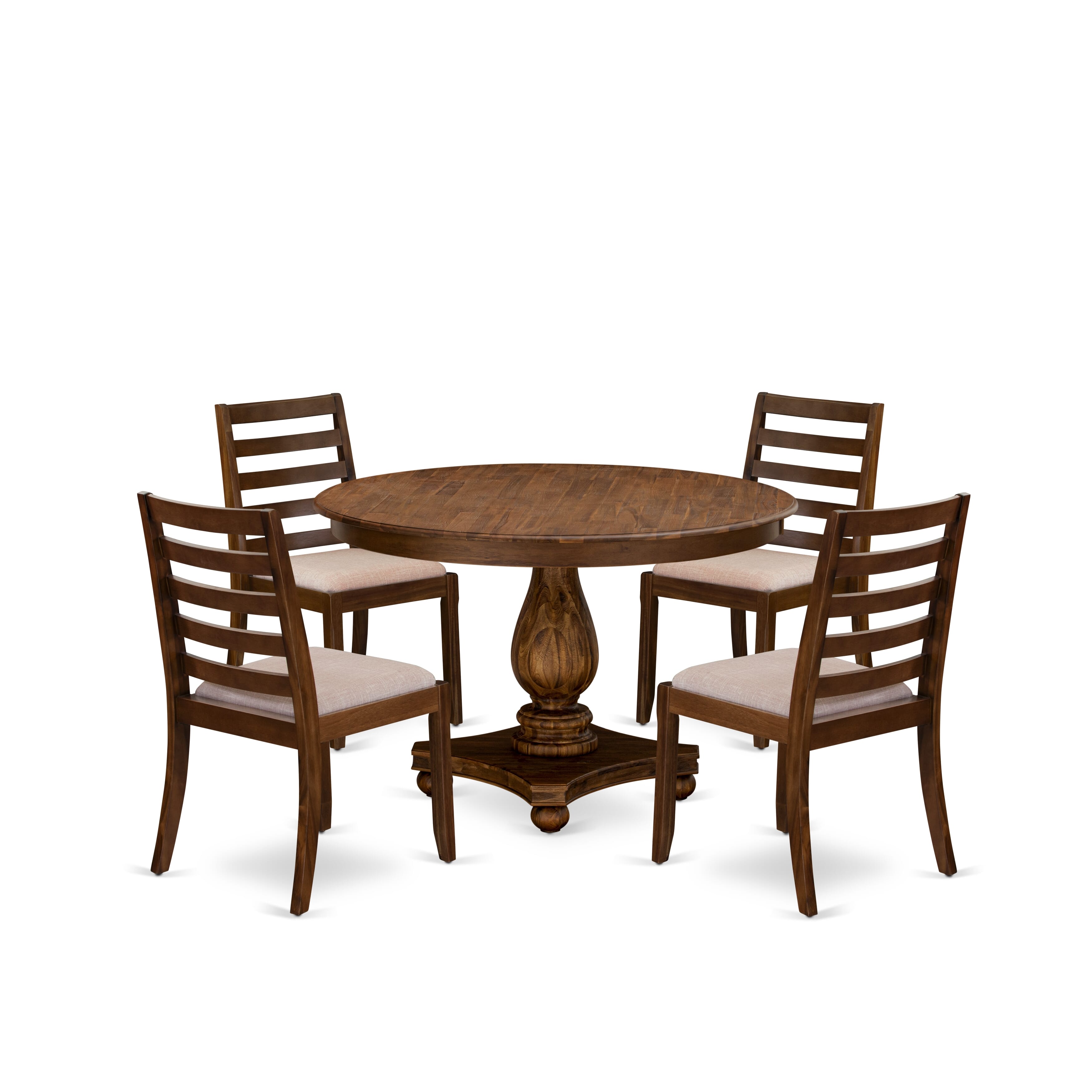 F2X15-0N-04 5-piece Dining set consists of a Round Table and 4 Light Tan Linen Fabric stackable chairs, Antique Walnut Finish.