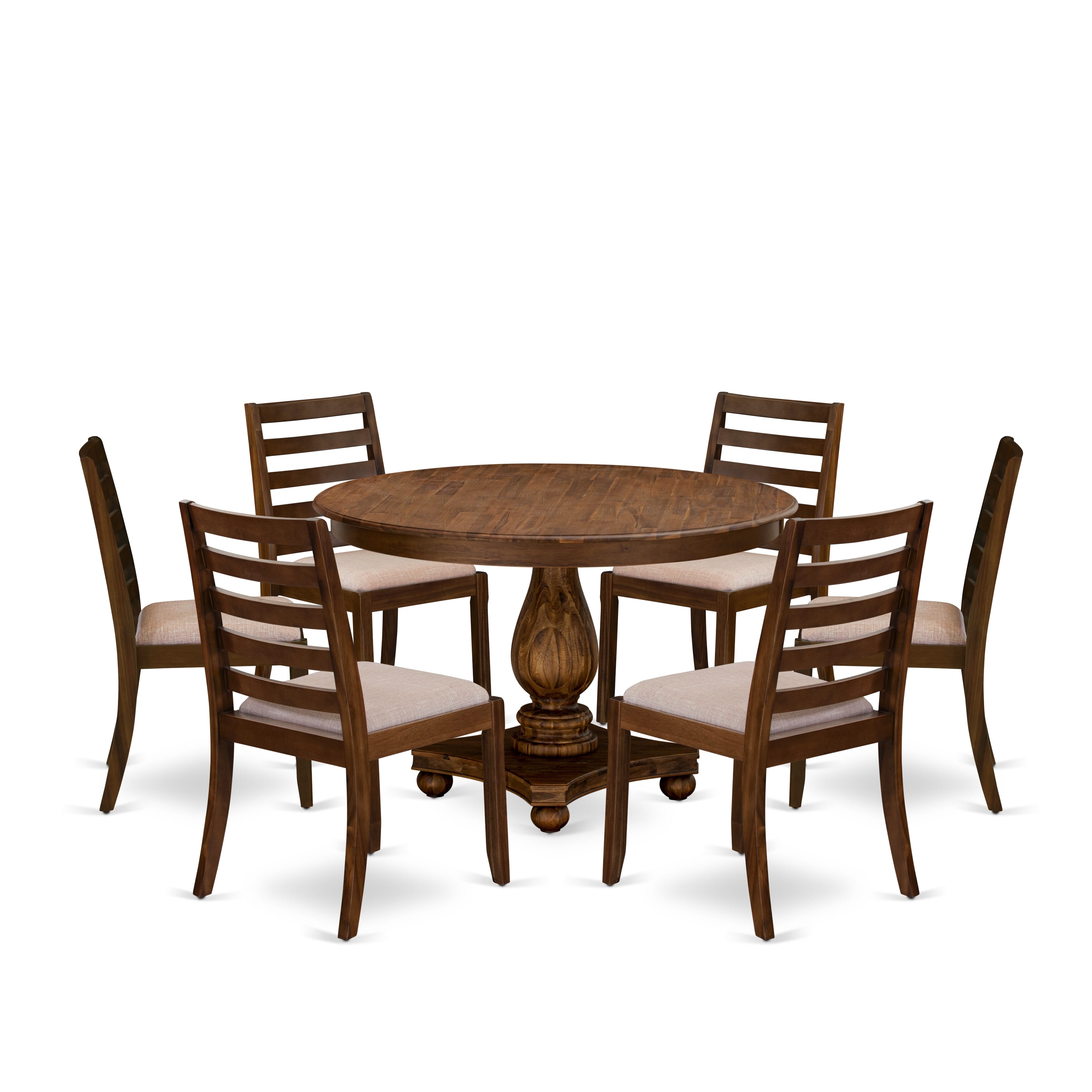 F2X17-0N-04 7-piece Dining Table Set included a Round Table and 6 Light Tan Linen Fabric stackable Chair, Antique Walnut Finish.