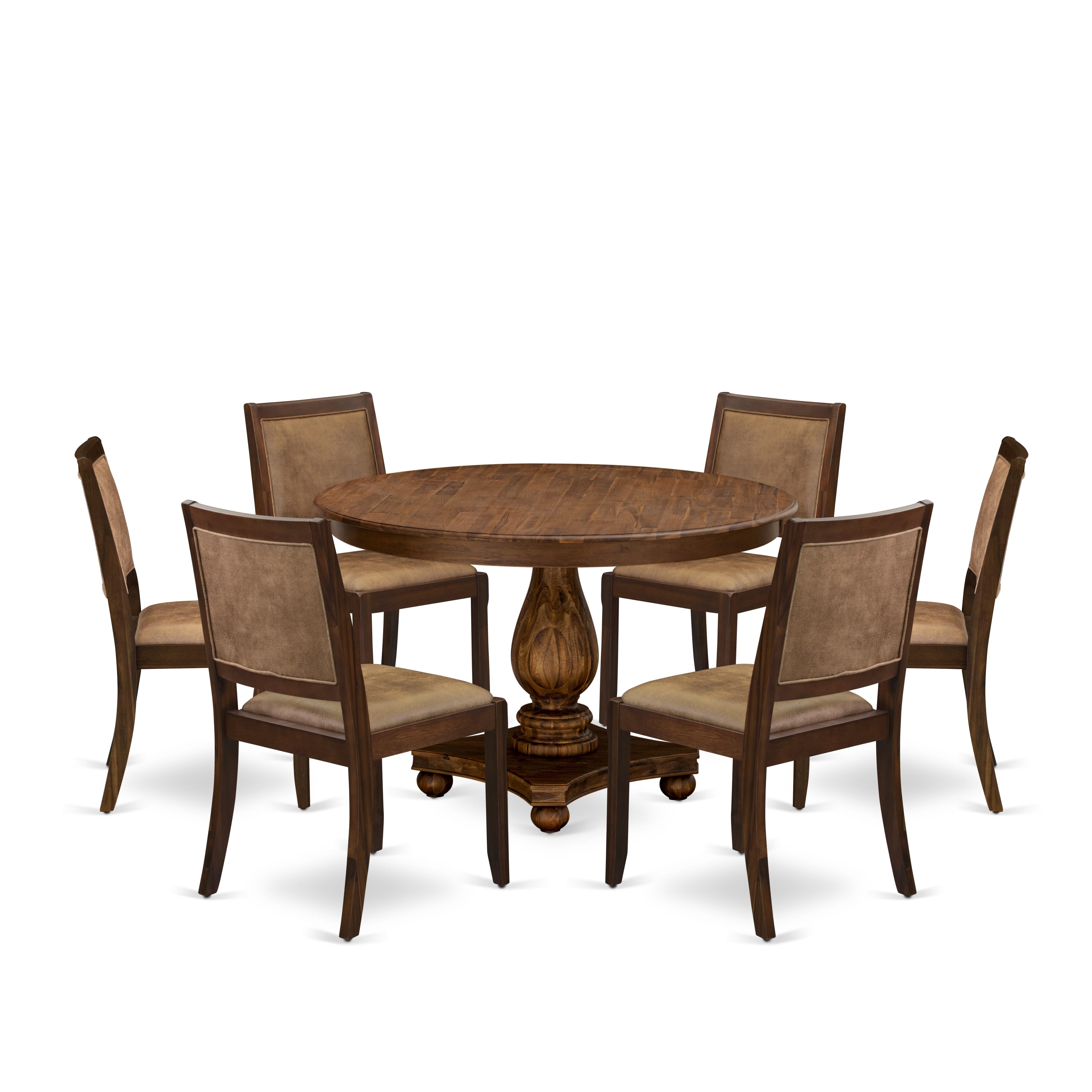 F2X27-0N-28 7-pc Kitchen Table Set included a Round Table and 6 Brown Textured Leather stackable Chair, Antique Walnut Finish.
