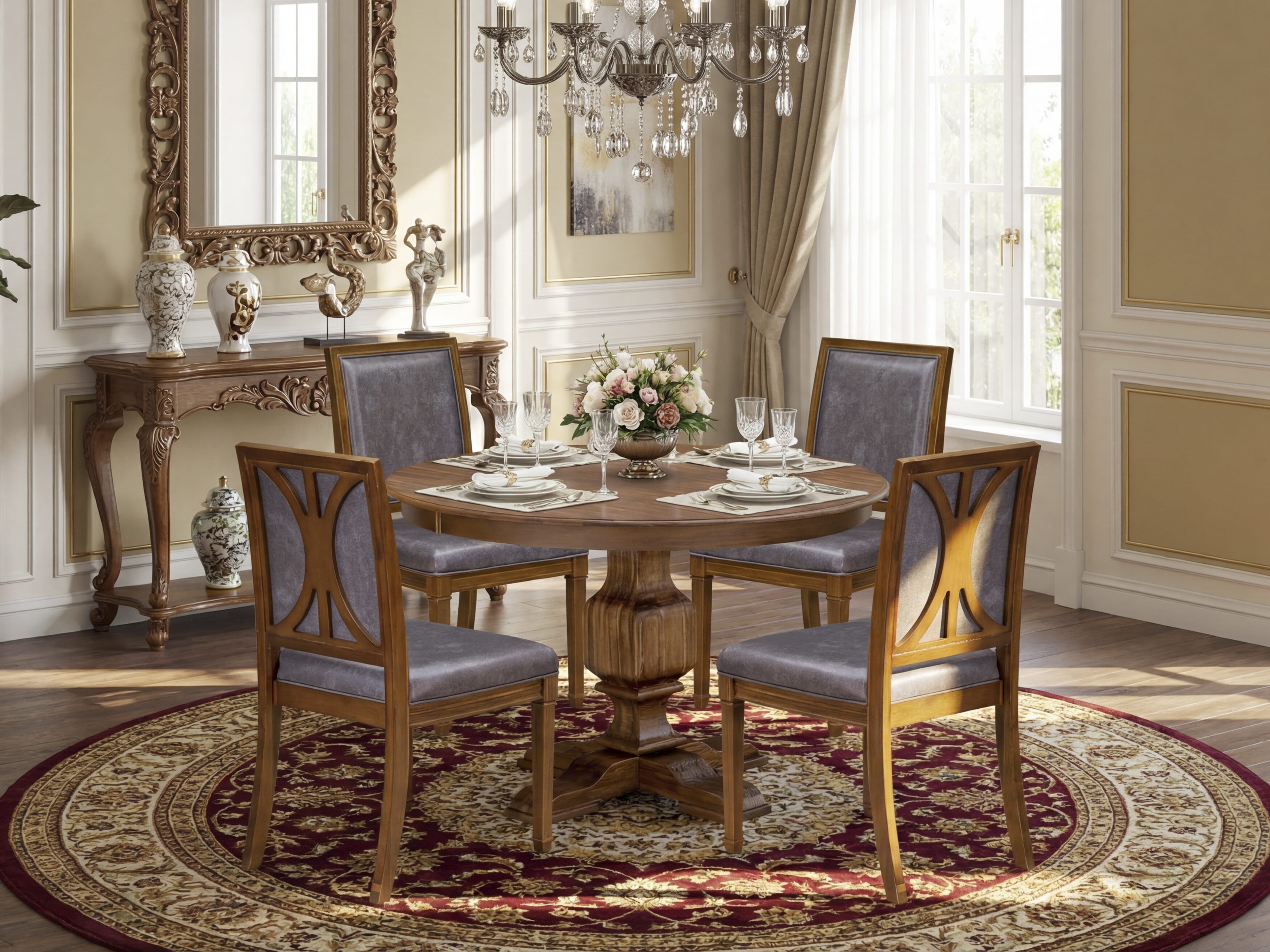 Luxe by East West Furniture F3AM5-40N-34 5-Piece Kitchen Set Consists of a round table top with a stylish pedestal and 4 Pu leather Dark Gray Modern Chairs with high backs - Antique Walnut