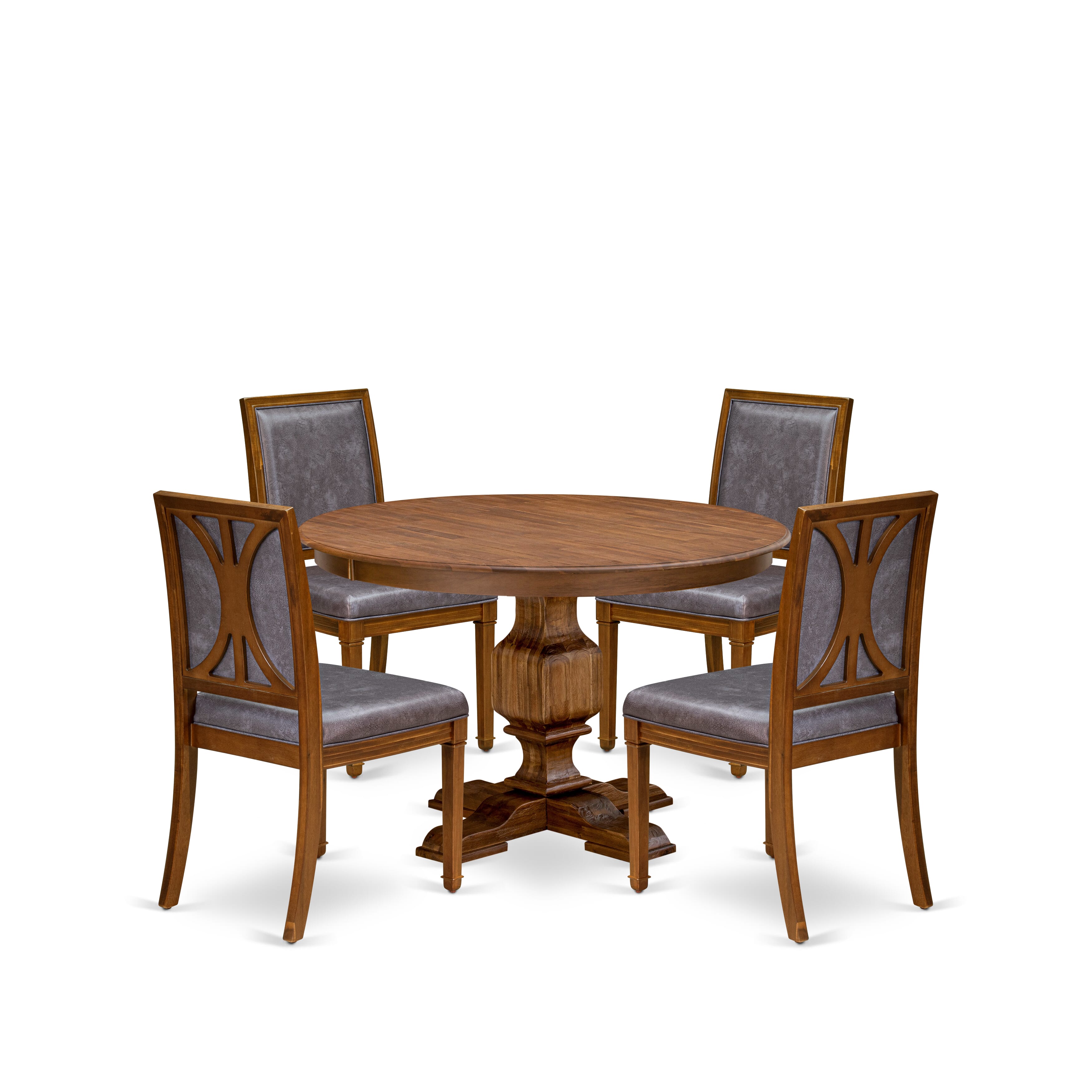 Luxe by East West Furniture F3AM5-40N-34 5-Piece Kitchen Set Consists of a round table top with a stylish pedestal and 4 Pu leather Dark Gray Modern Chairs with high backs - Antique Walnut