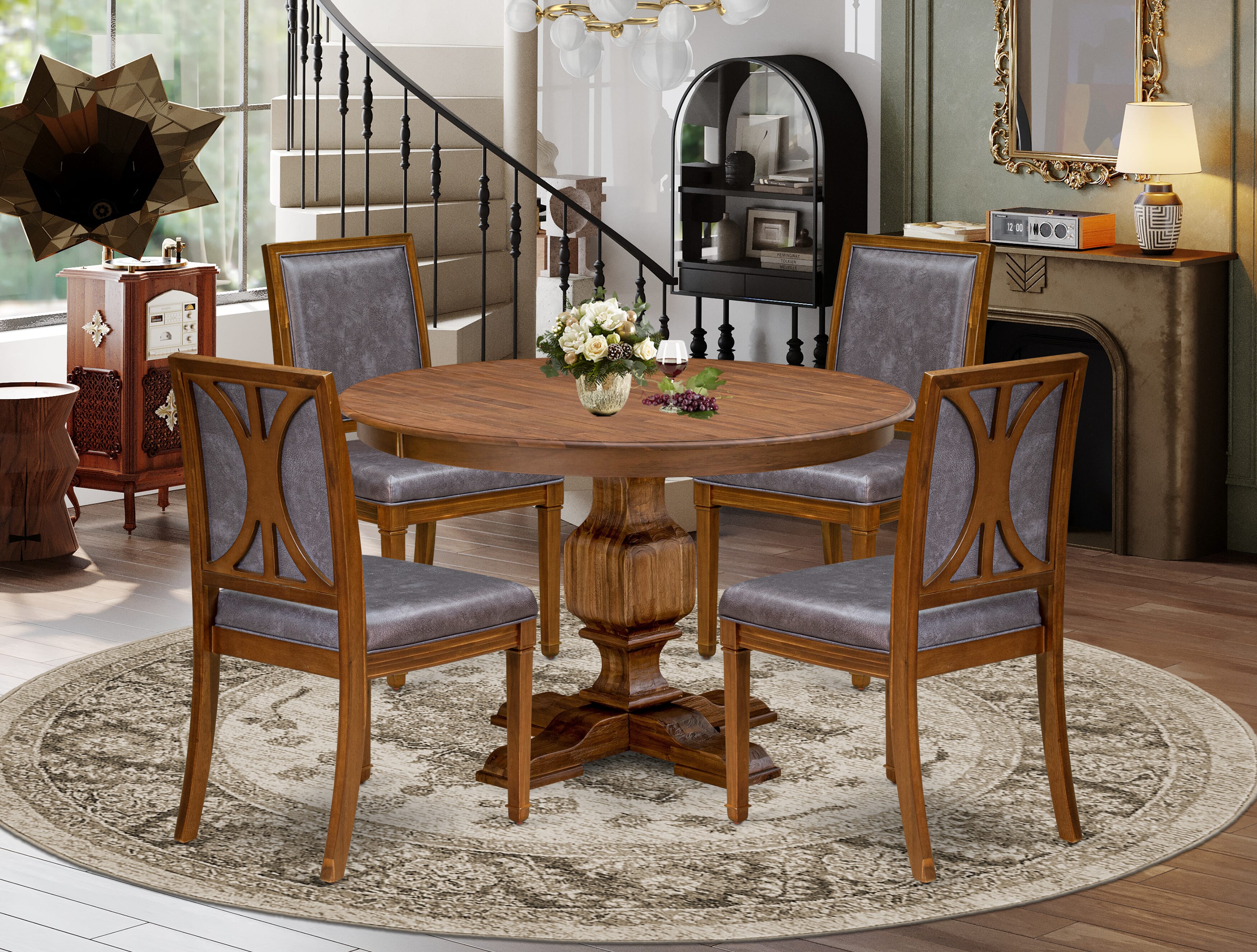 Luxe by East West Furniture F3AM5-40N-34 5-Piece Kitchen Set Consists of a round table top with a stylish pedestal and 4 Pu leather Dark Gray Modern Chairs with high backs - Antique Walnut