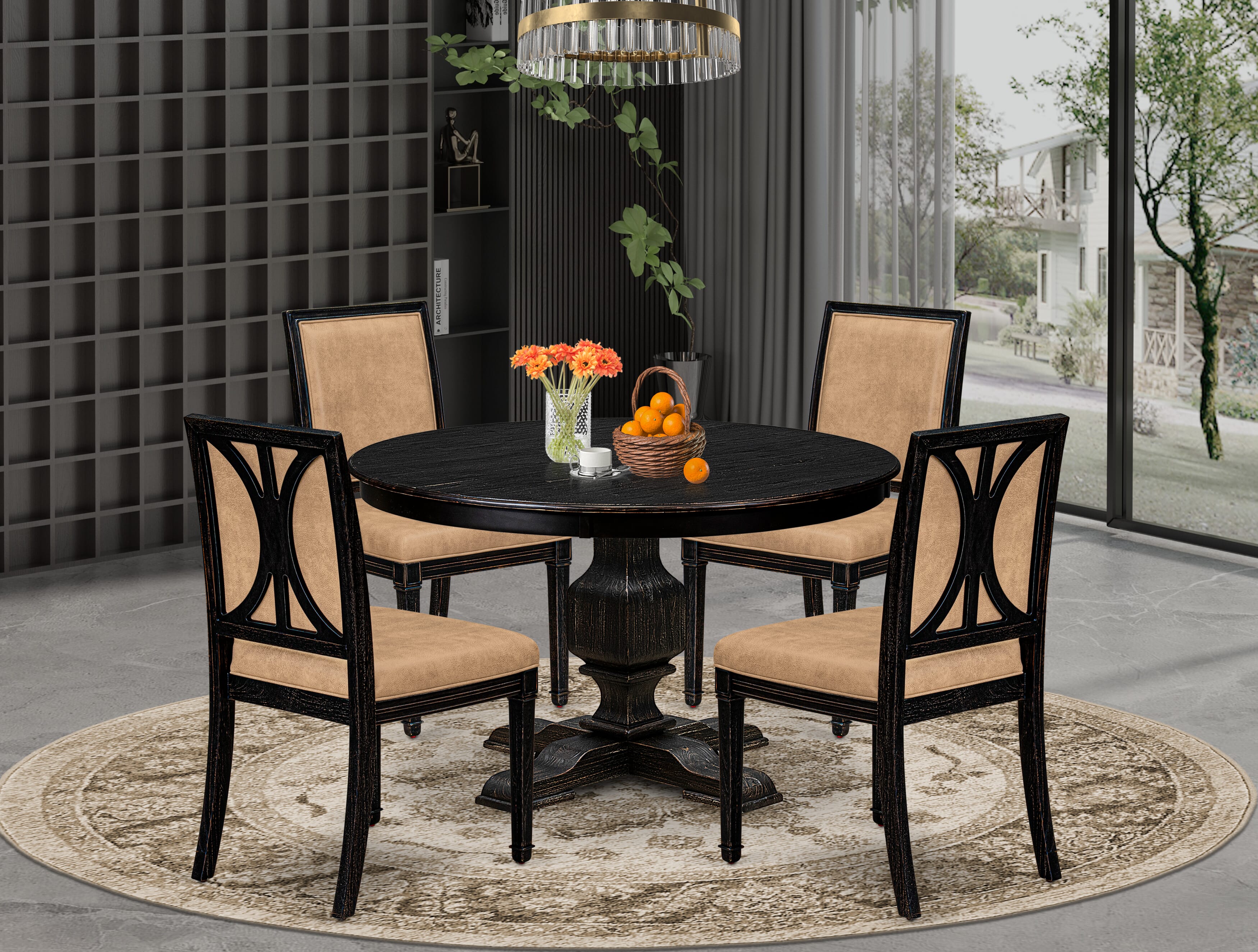Luxe by East West Furniture - F3AM5-411-28 - 5-piece Modern Dining Table Set consists of a Dining Table and 4 Beige Polyester Fabric Modern Dining Chair with High Back - Sand Blasting Black Finish