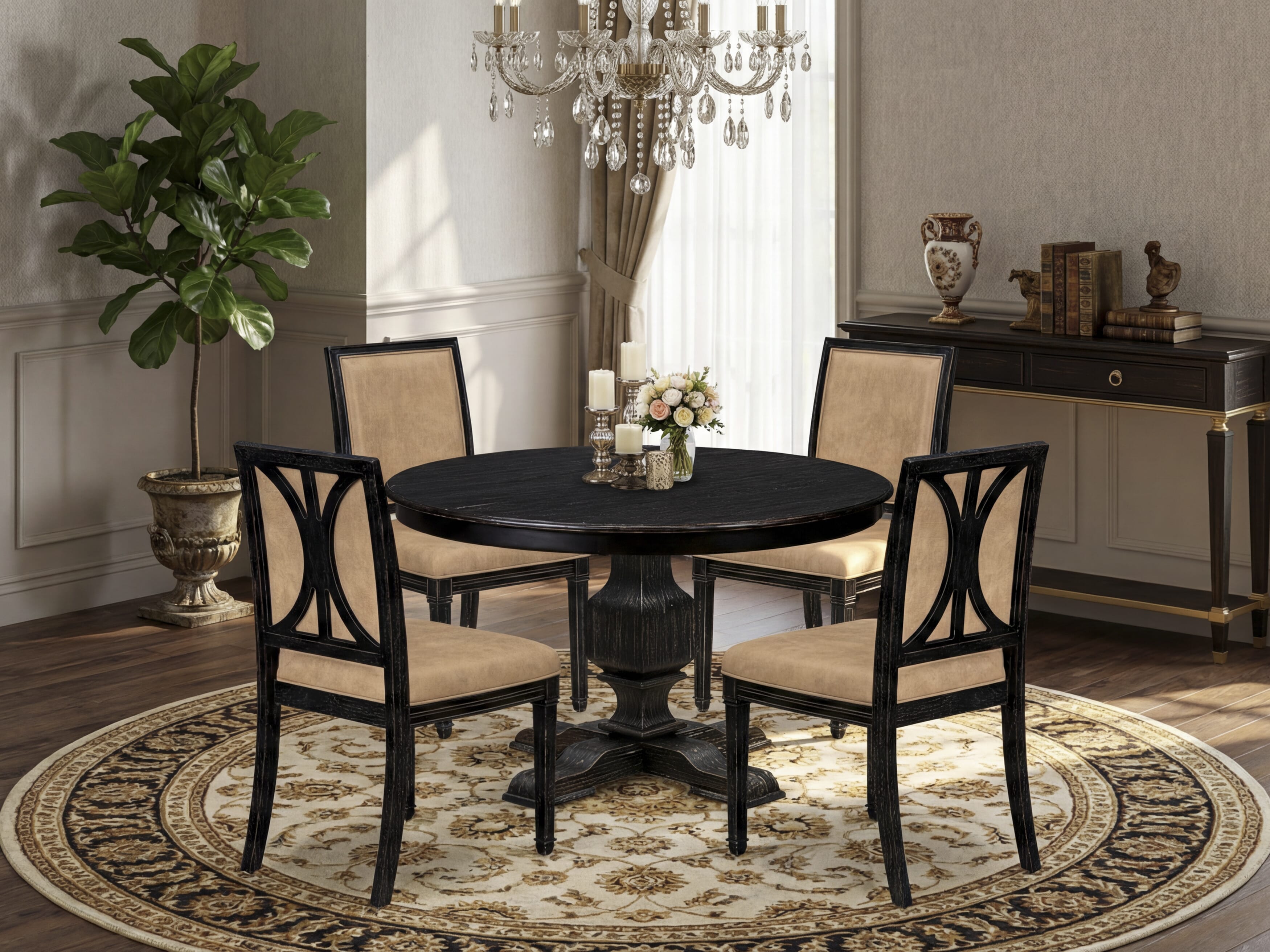 Luxe by East West Furniture - F3AM5-411-28 - 5-piece Modern Dining Table Set consists of a Dining Table and 4 Beige Polyester Fabric Modern Dining Chair with High Back - Sand Blasting Black Finish
