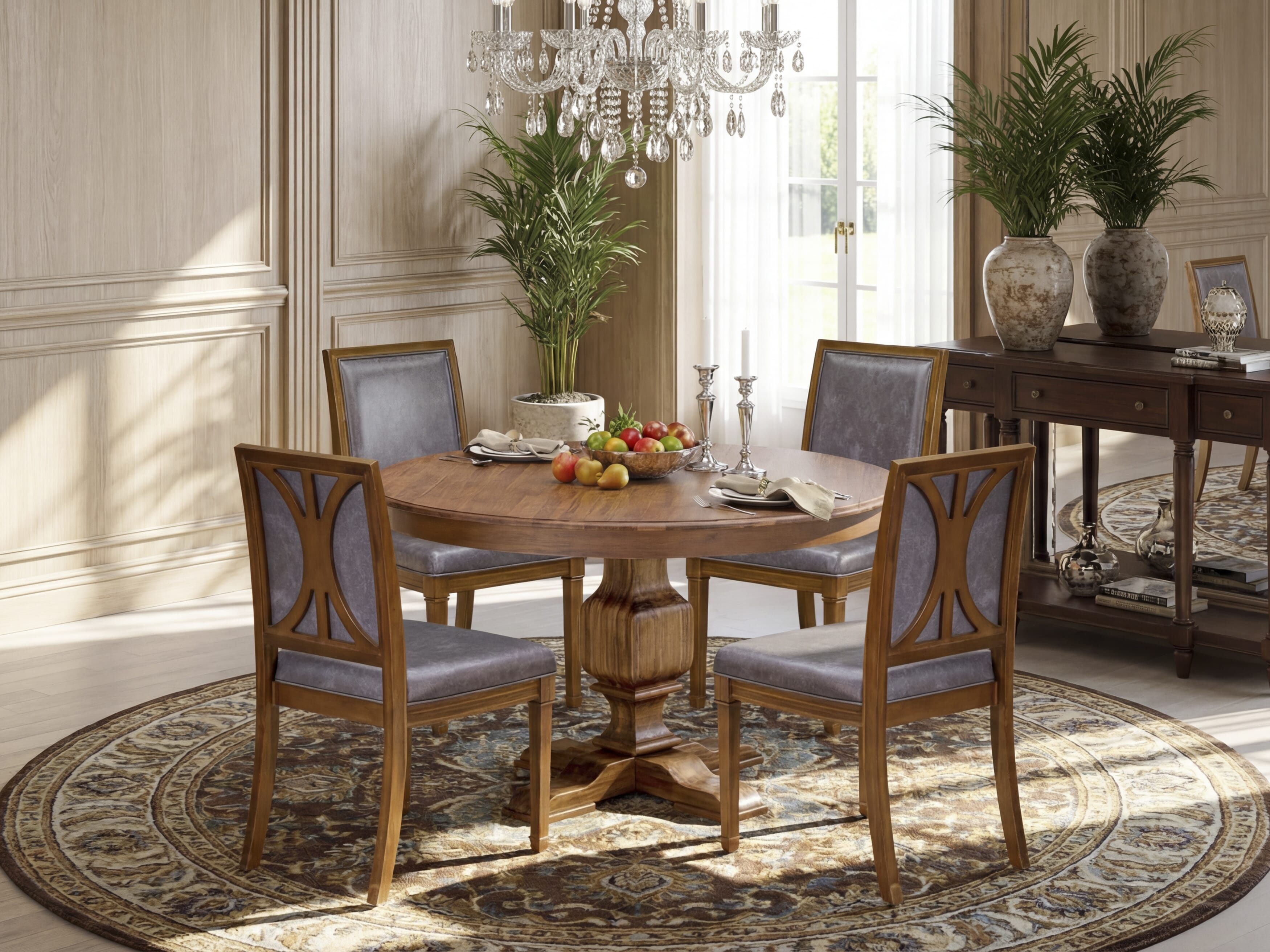 Luxe by East West Furniture - F3AM5-50N-34 - 5-piece Dining Table Set consists of a Dining Table and 4 Dark Grey Polyester Fabric Dining Room Chairs with High Back - Antique Walnut Finish