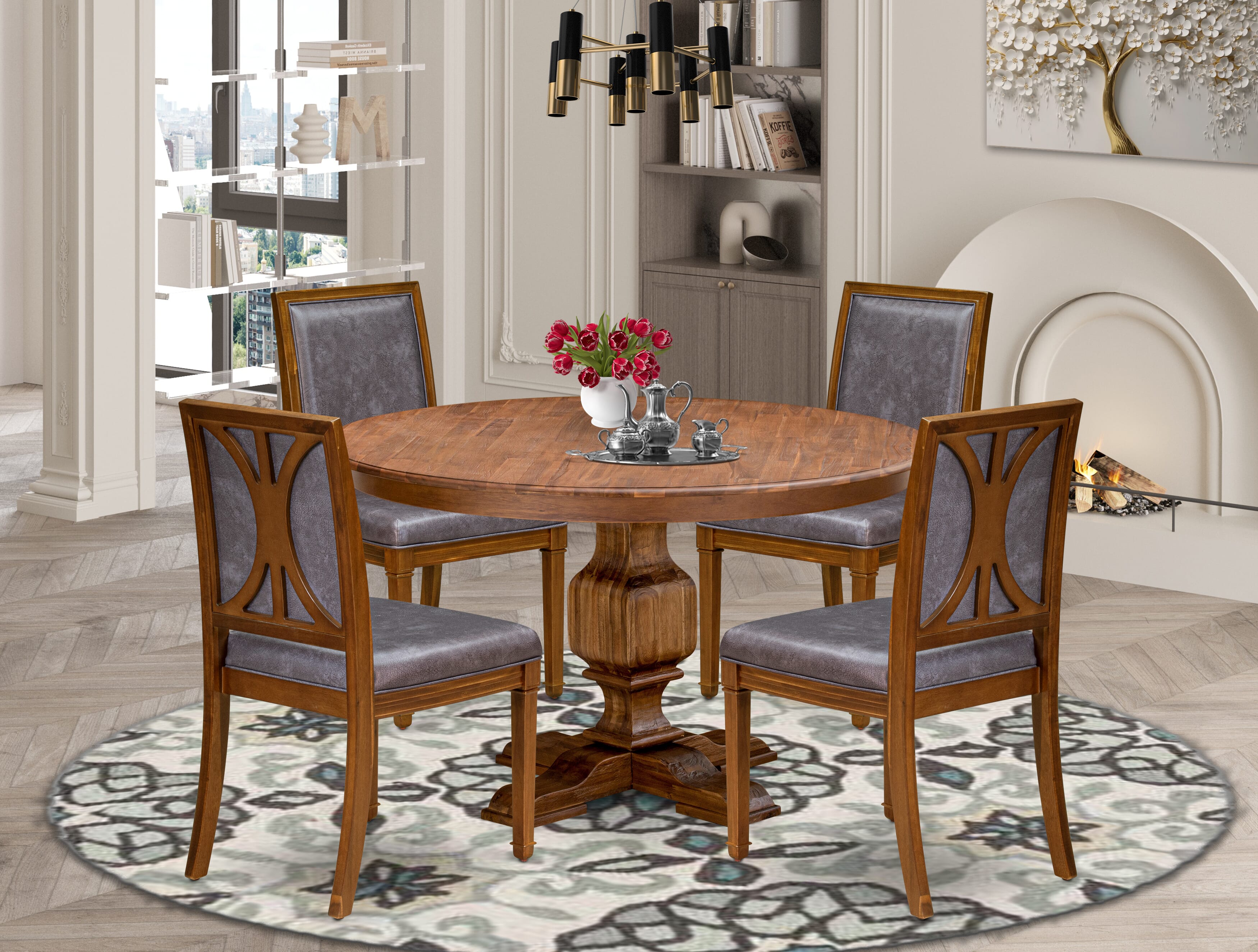 Luxe by East West Furniture - F3AM5-50N-34 - 5-piece Dining Table Set consists of a Dining Table and 4 Dark Grey Polyester Fabric Dining Room Chairs with High Back - Antique Walnut Finish