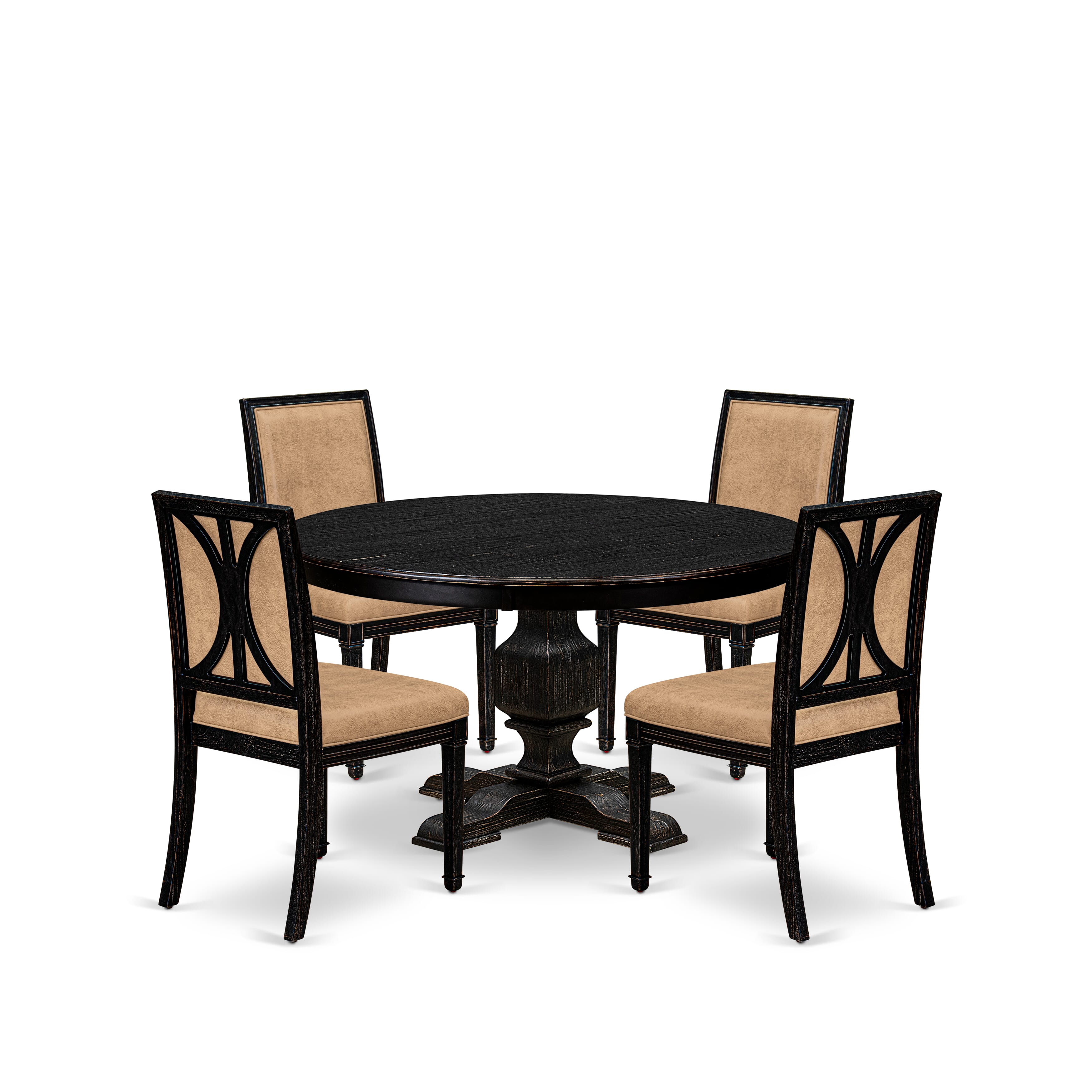 Luxe by East West Furniture - F3AM5-511-28 - 5-piece Mid Century Dining Set consists of a Dining Table and 4 Beige Polyester Fabric Upholstered Dining Chairs with High Back - Sand Blasting Black