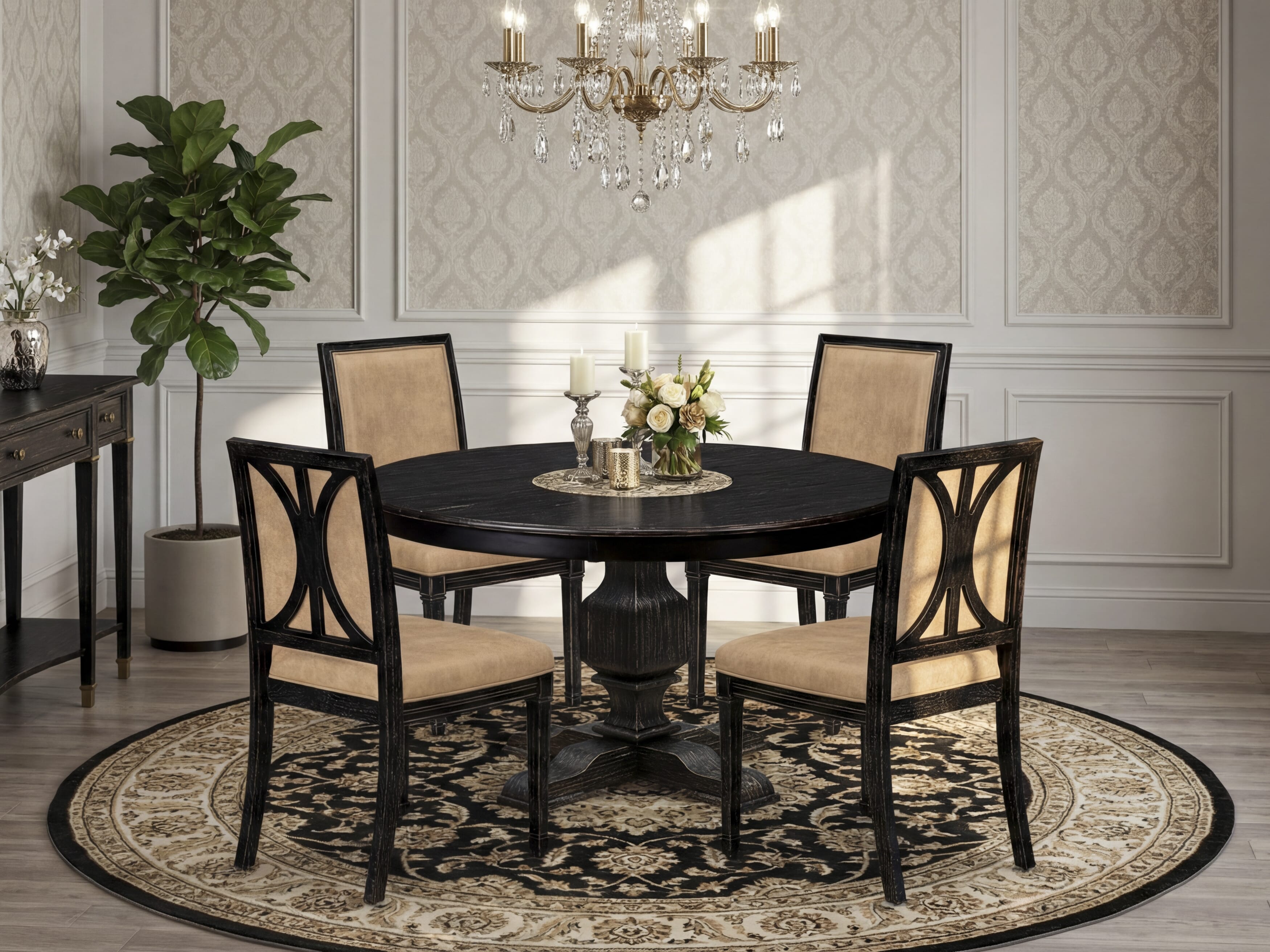 Luxe by East West Furniture - F3AM5-511-28 - 5-piece Mid Century Dining Set consists of a Dining Table and 4 Beige Polyester Fabric Upholstered Dining Chairs with High Back - Sand Blasting Black