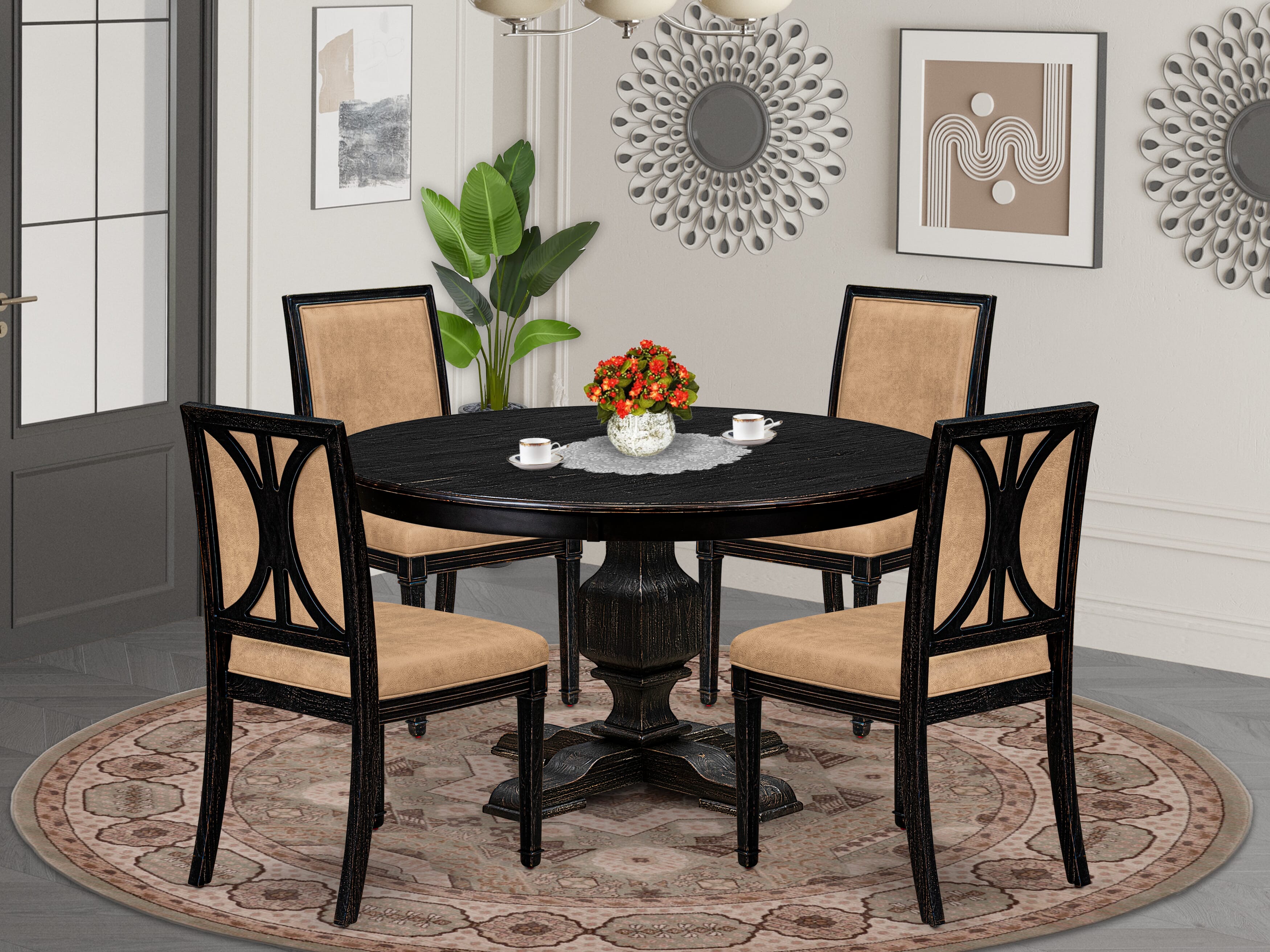 Luxe by East West Furniture - F3AM5-511-28 - 5-piece Mid Century Dining Set consists of a Dining Table and 4 Beige Polyester Fabric Upholstered Dining Chairs with High Back - Sand Blasting Black