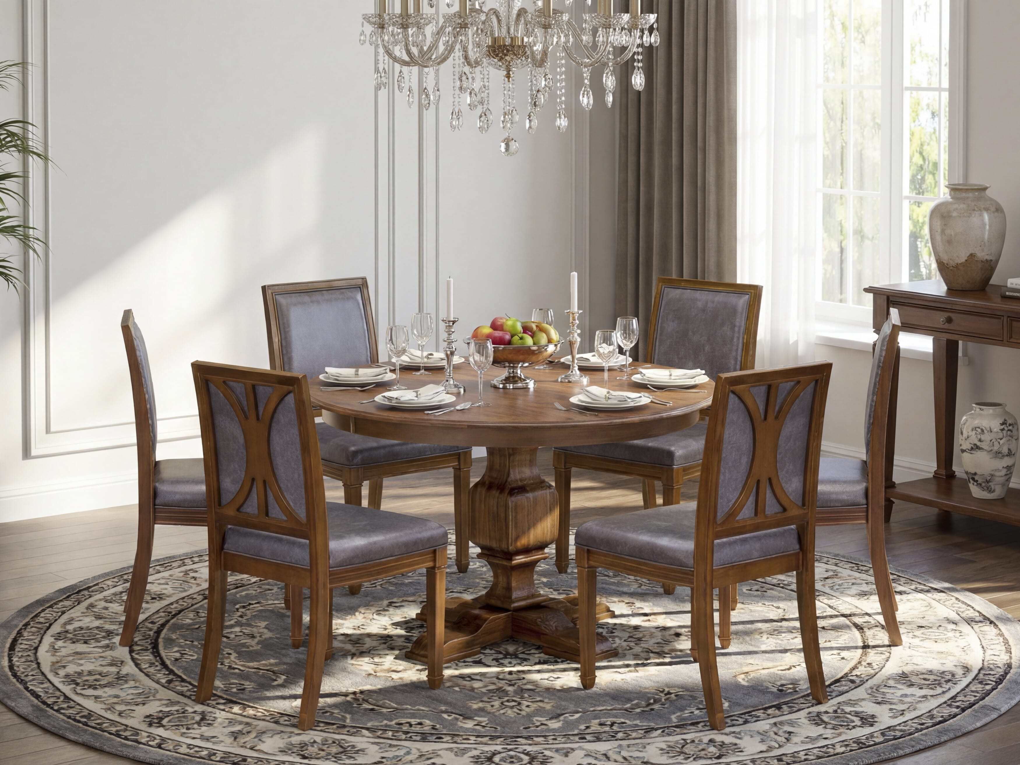 Luxe by East West Furniture - F3AM7-40N-34 7-Piece Dining room table set includes a Round Dining table and 6 Dark Grey Faux Leather Chairs with stylish Back, Antique Walnut Finish.