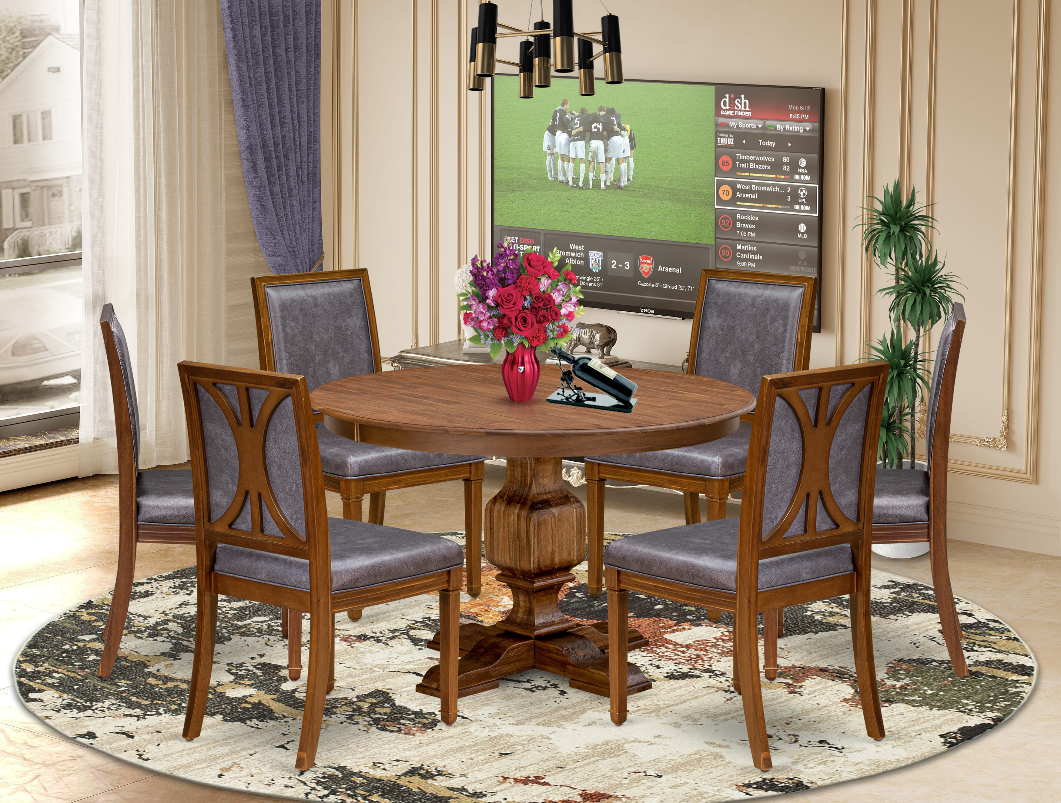 Luxe by East West Furniture - F3AM7-40N-34 7-Piece Dining room table set includes a Round Dining table and 6 Dark Grey Faux Leather Chairs with stylish Back, Antique Walnut Finish.