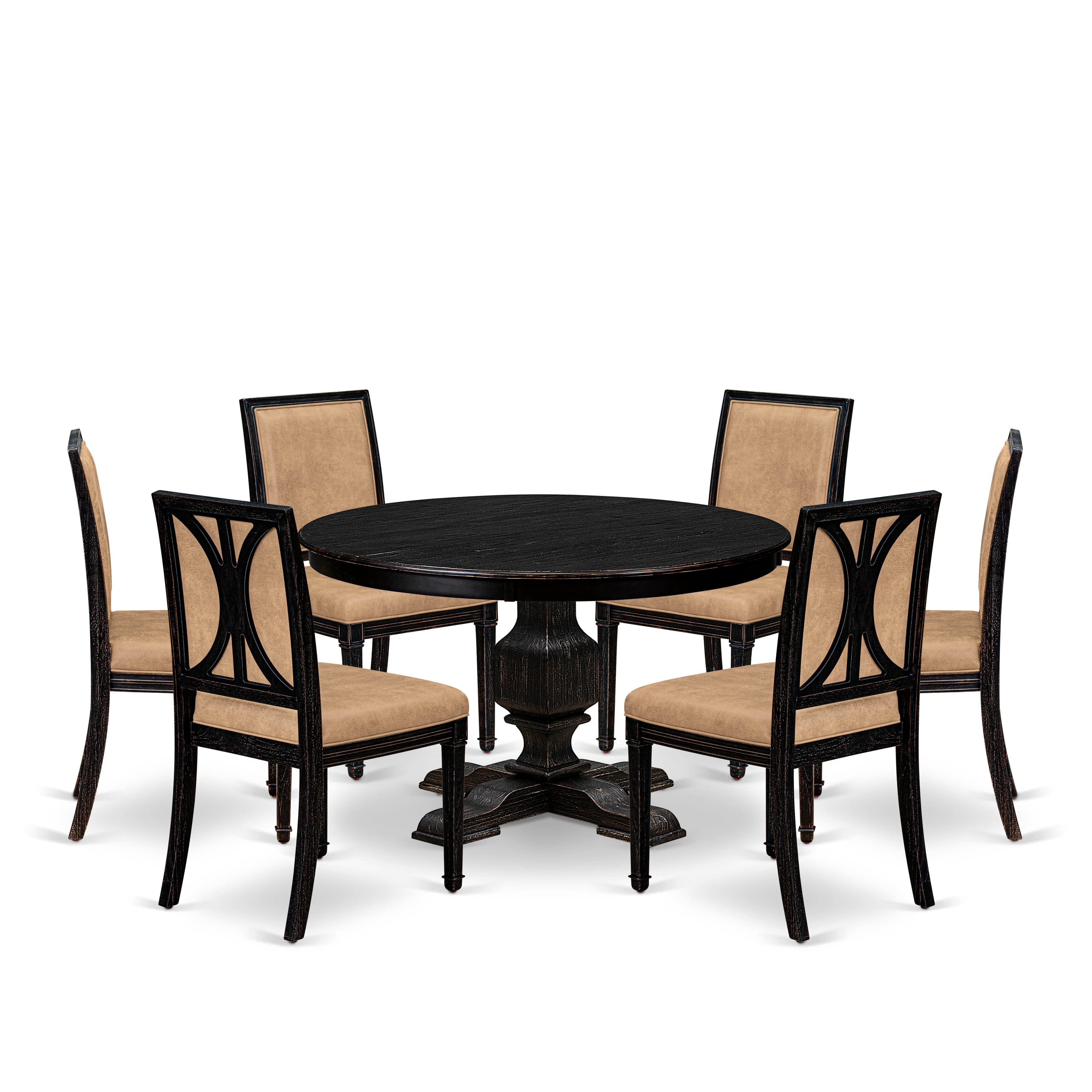 Luxe by East West Furniture - F3AM7-411-28 - 7-piece Kitchen Dining Table Set consists of a Dining Table and 6 Beige Polyester Fabric Parsons Chairs with High Back - Sand Blasting Black Finish