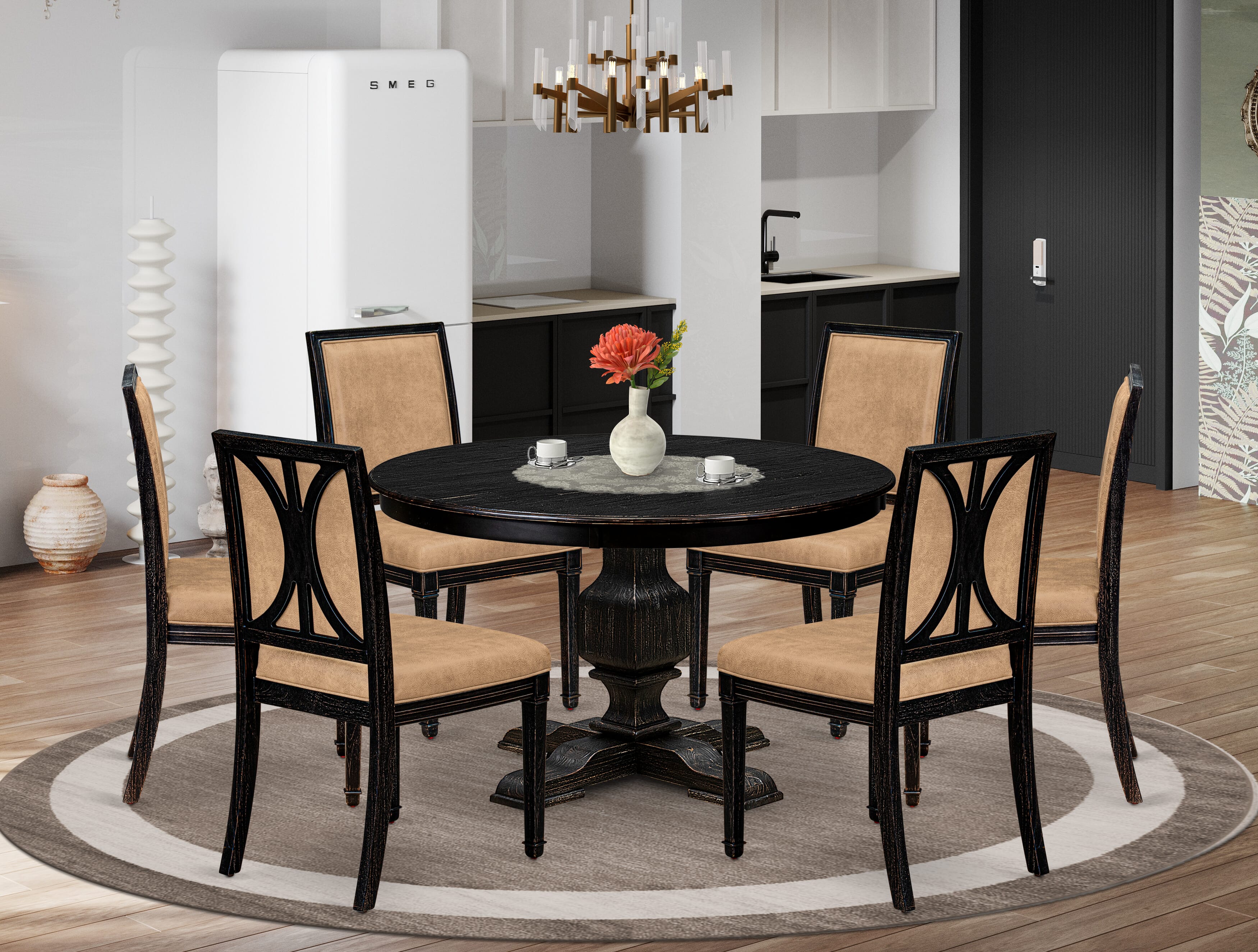 Luxe by East West Furniture - F3AM7-411-28 - 7-piece Kitchen Dining Table Set consists of a Dining Table and 6 Beige Polyester Fabric Parsons Chairs with High Back - Sand Blasting Black Finish