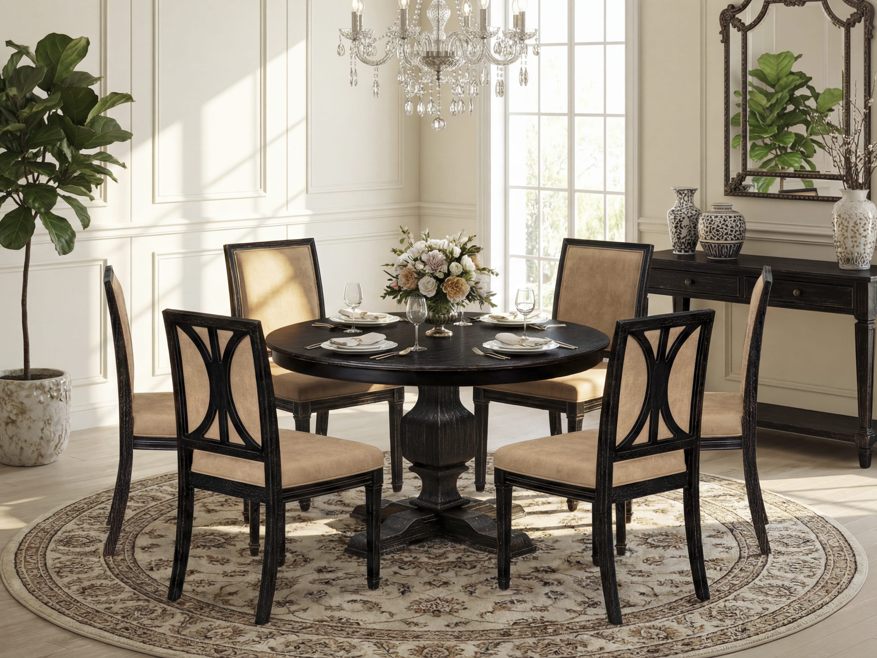 Luxe by East West Furniture - F3AM7-411-28 - 7-piece Kitchen Dining Table Set consists of a Dining Table and 6 Beige Polyester Fabric Parsons Chairs with High Back - Sand Blasting Black Finish