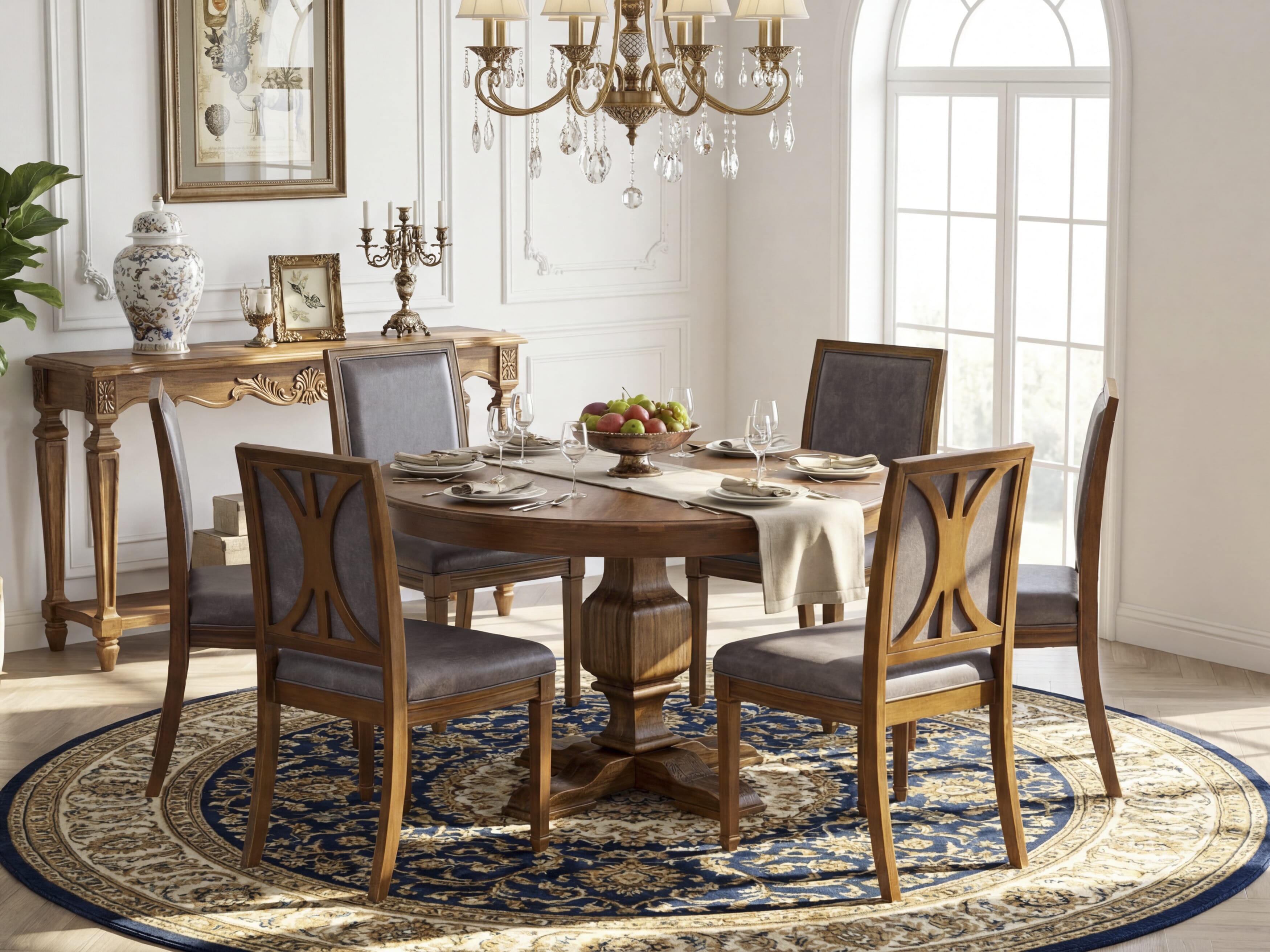 Luxe by East West Furniture - F3AM7-50N-34 - 7-piece Dining Table Set consists of a Dining Table and 6 Dark Grey Polyester Fabric Dining Room Chairs with High Back - Antique Walnut Finish
