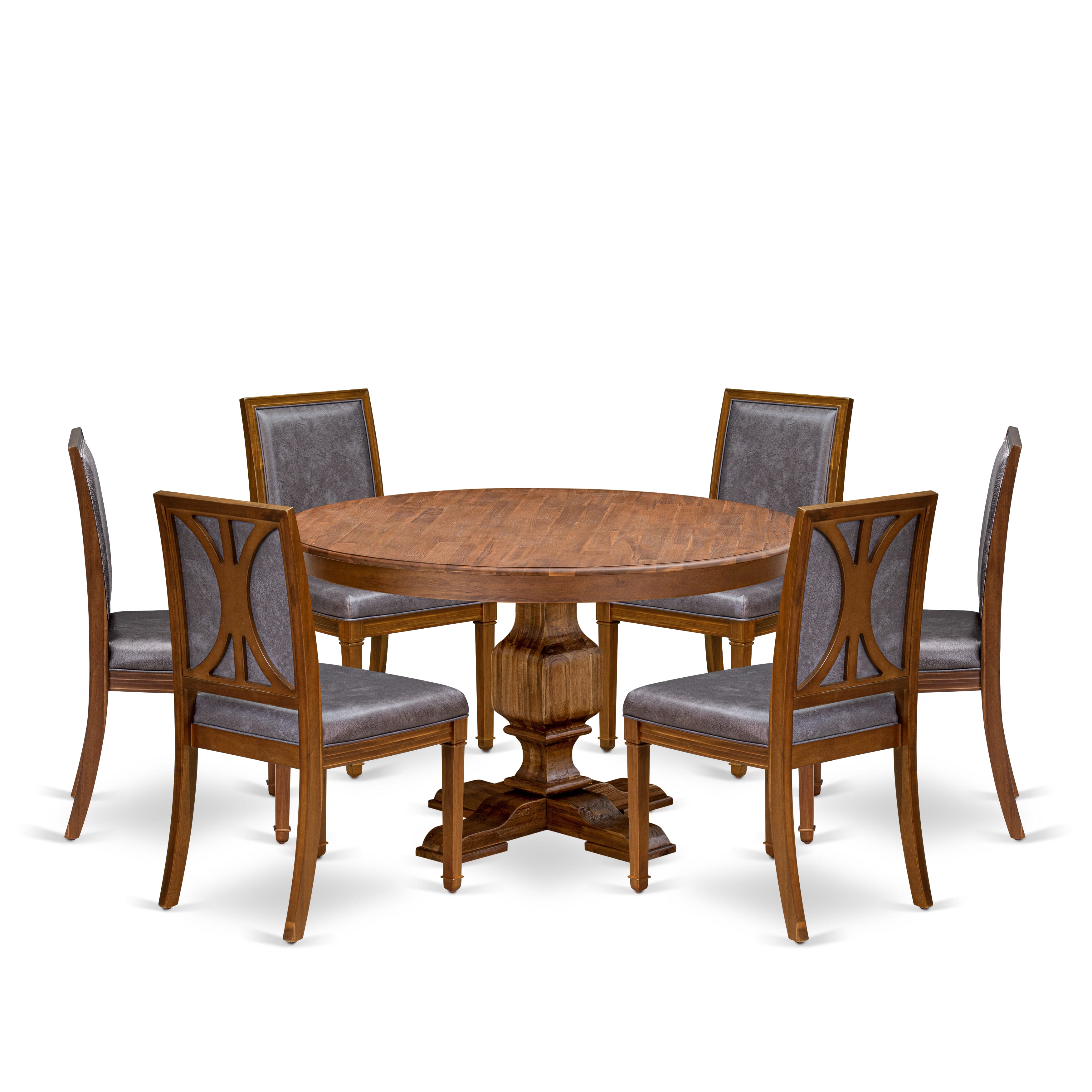 Luxe by East West Furniture - F3AM7-50N-34 - 7-piece Dining Table Set consists of a Dining Table and 6 Dark Grey Polyester Fabric Dining Room Chairs with High Back - Antique Walnut Finish