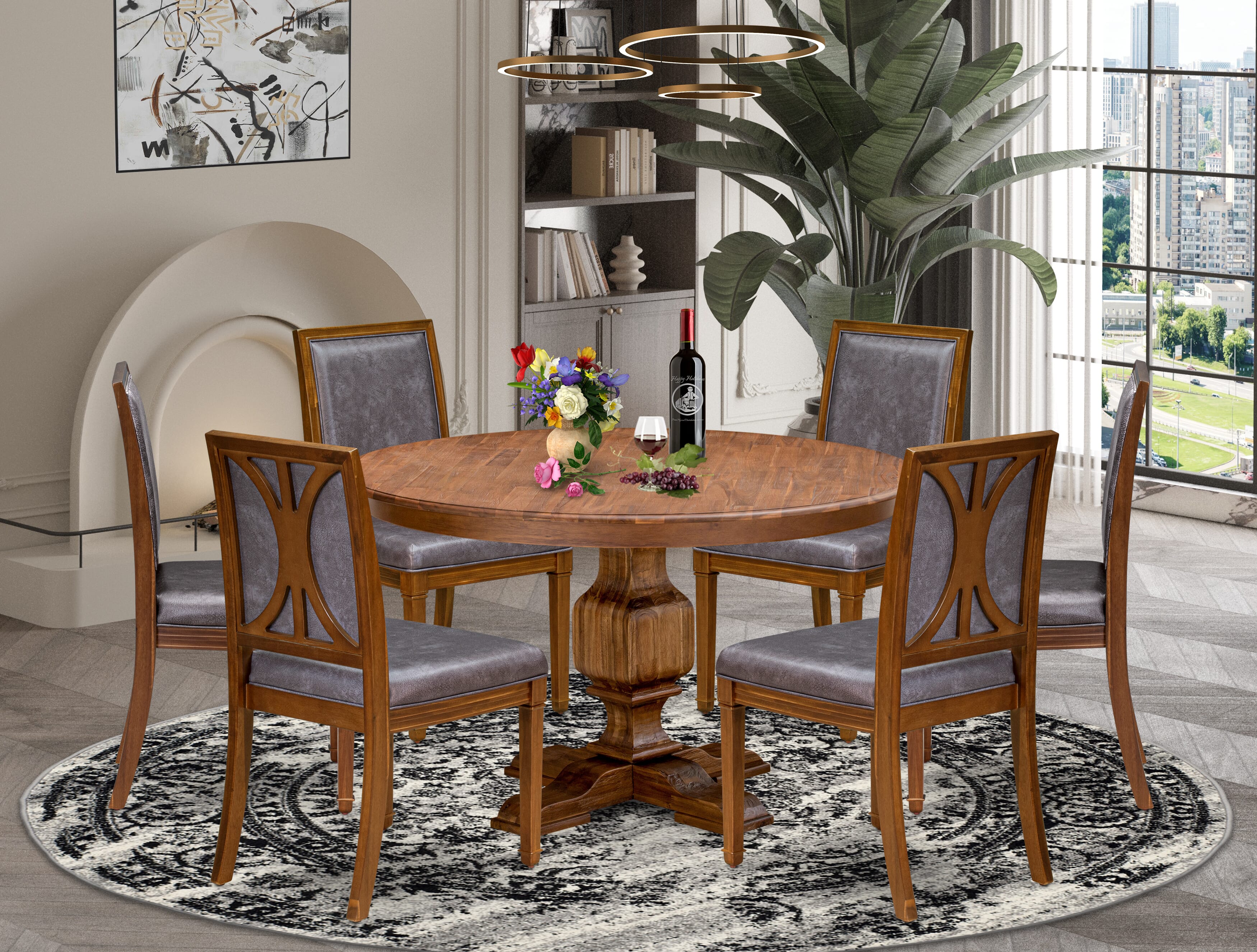 Luxe by East West Furniture - F3AM7-50N-34 - 7-piece Dining Table Set consists of a Dining Table and 6 Dark Grey Polyester Fabric Dining Room Chairs with High Back - Antique Walnut Finish