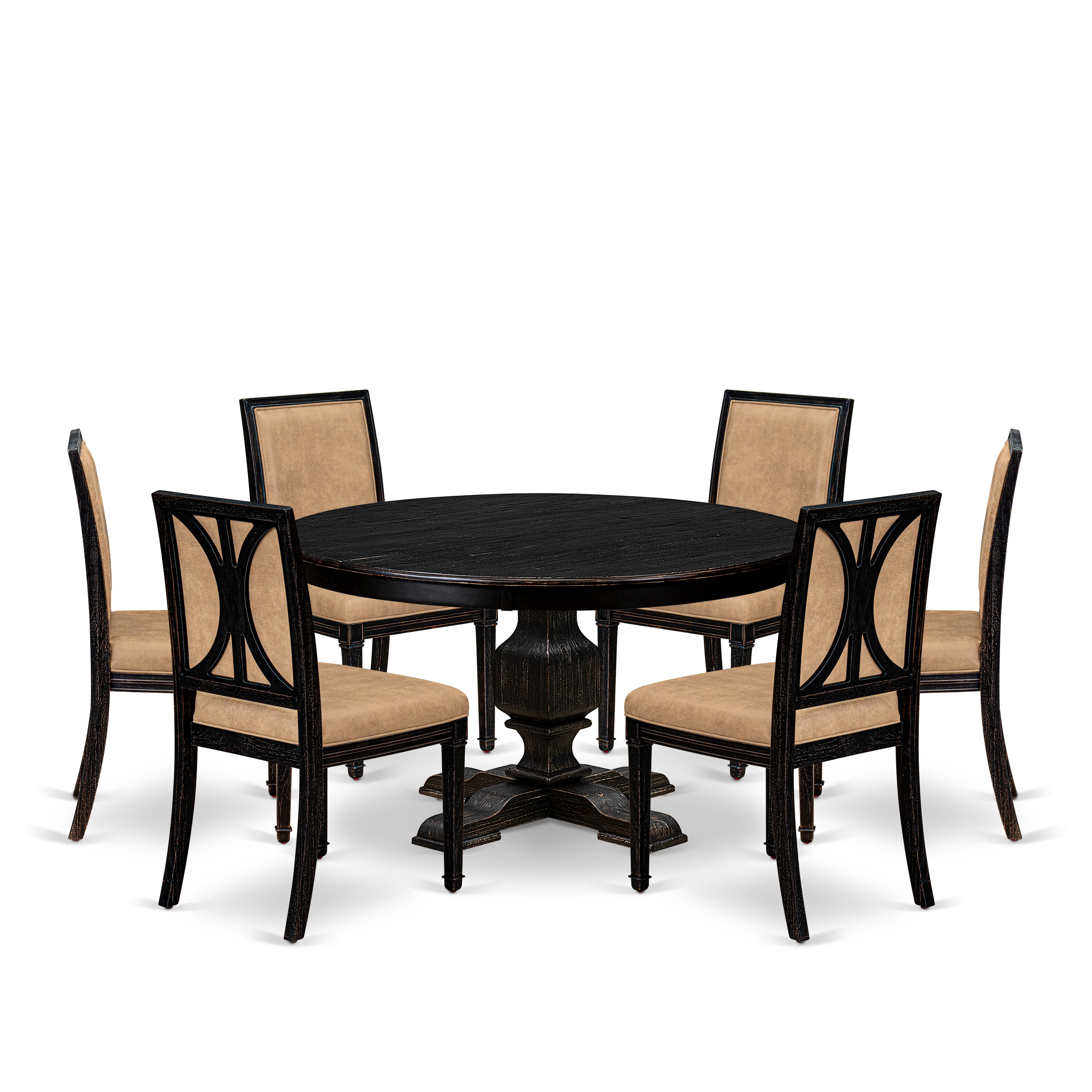 Luxe by East West Furniture - F3AM7-511-28 - 7-piece Dining Room Table Set consists of a Dining Table and 6 Beige Polyester Fabric Padded Chair with High Back - Sand Blasting Black Finish