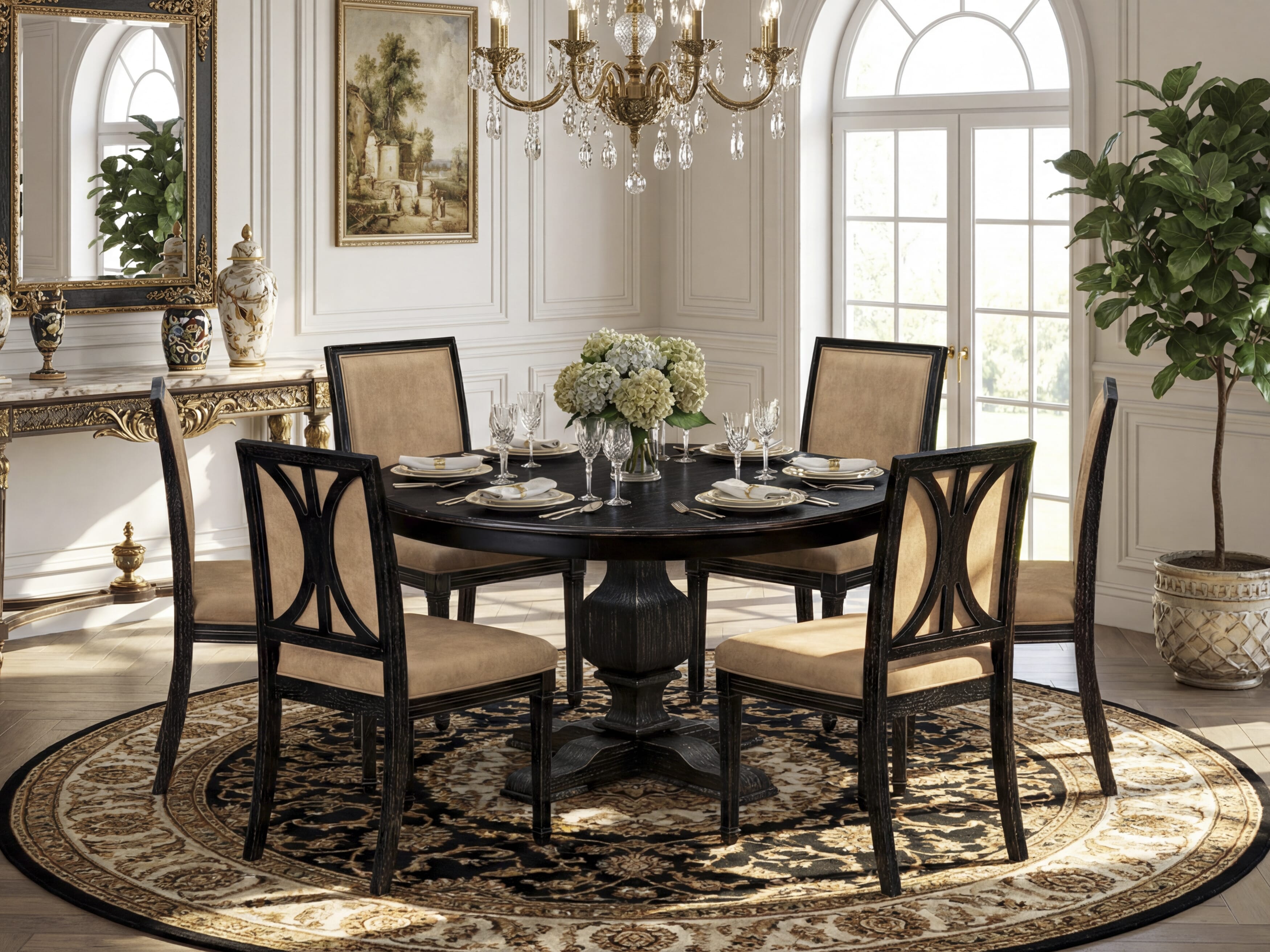 Luxe by East West Furniture - F3AM7-511-28 - 7-piece Dining Room Table Set consists of a Dining Table and 6 Beige Polyester Fabric Padded Chair with High Back - Sand Blasting Black Finish