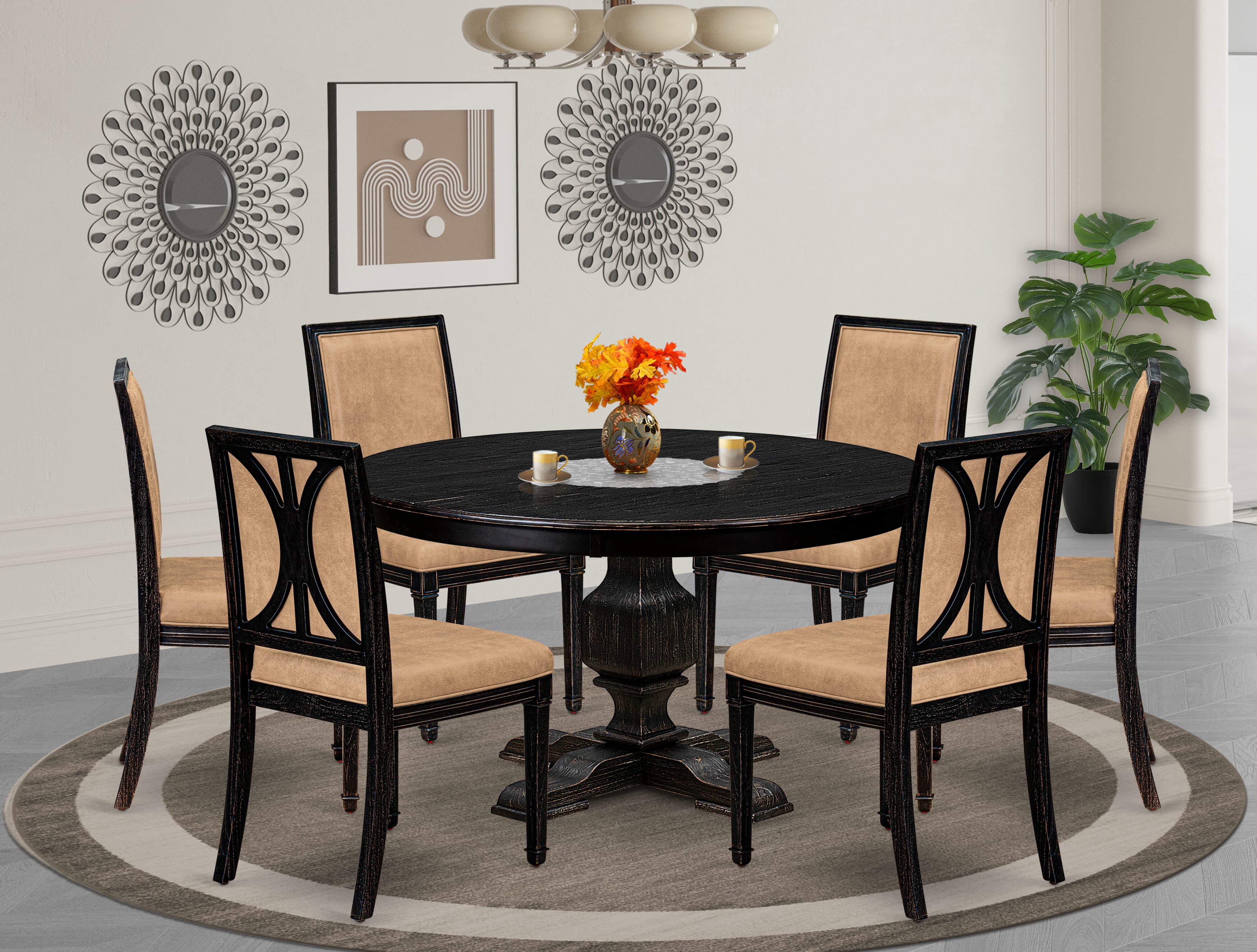 Luxe by East West Furniture - F3AM7-511-28 - 7-piece Dining Room Table Set consists of a Dining Table and 6 Beige Polyester Fabric Padded Chair with High Back - Sand Blasting Black Finish