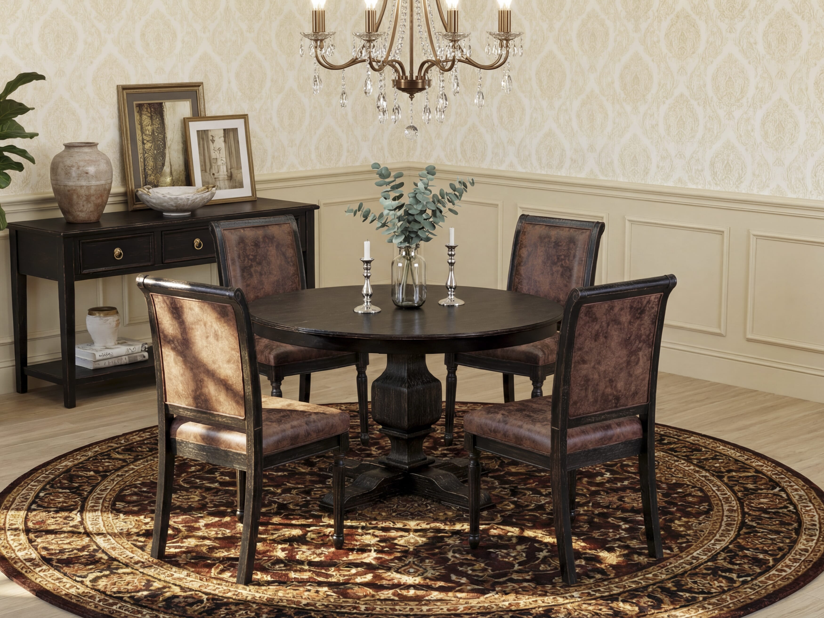 Luxe by East West Furniture - F3CY5-411-33 - 5-piece Modern Dining Table Set consists of a Dining Table and 4 Brown Polyester Fabric Modern Dining Chair with High Back - Sand Blasting Black Finish