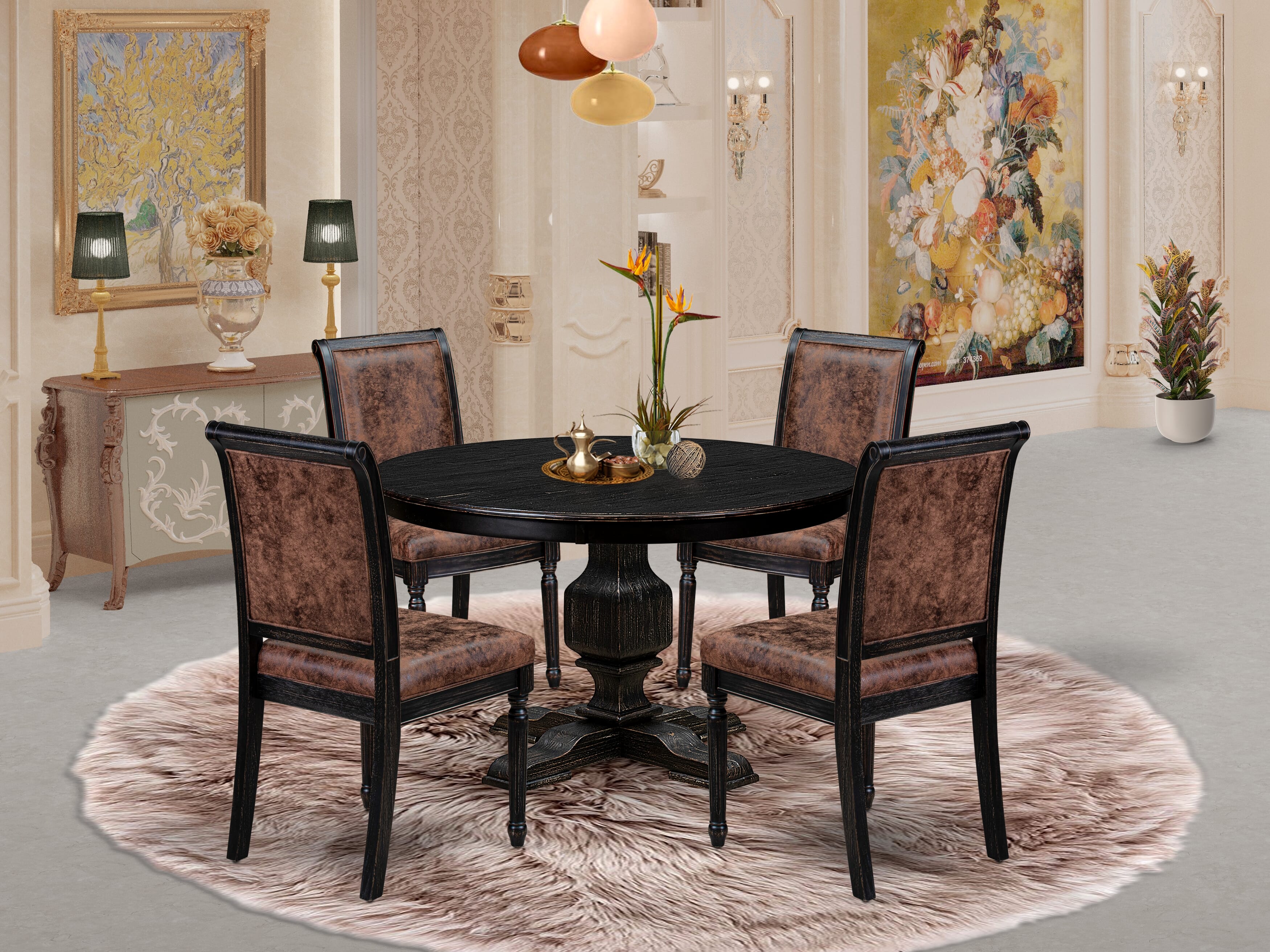 Luxe by East West Furniture - F3CY5-411-33 - 5-piece Modern Dining Table Set consists of a Dining Table and 4 Brown Polyester Fabric Modern Dining Chair with High Back - Sand Blasting Black Finish