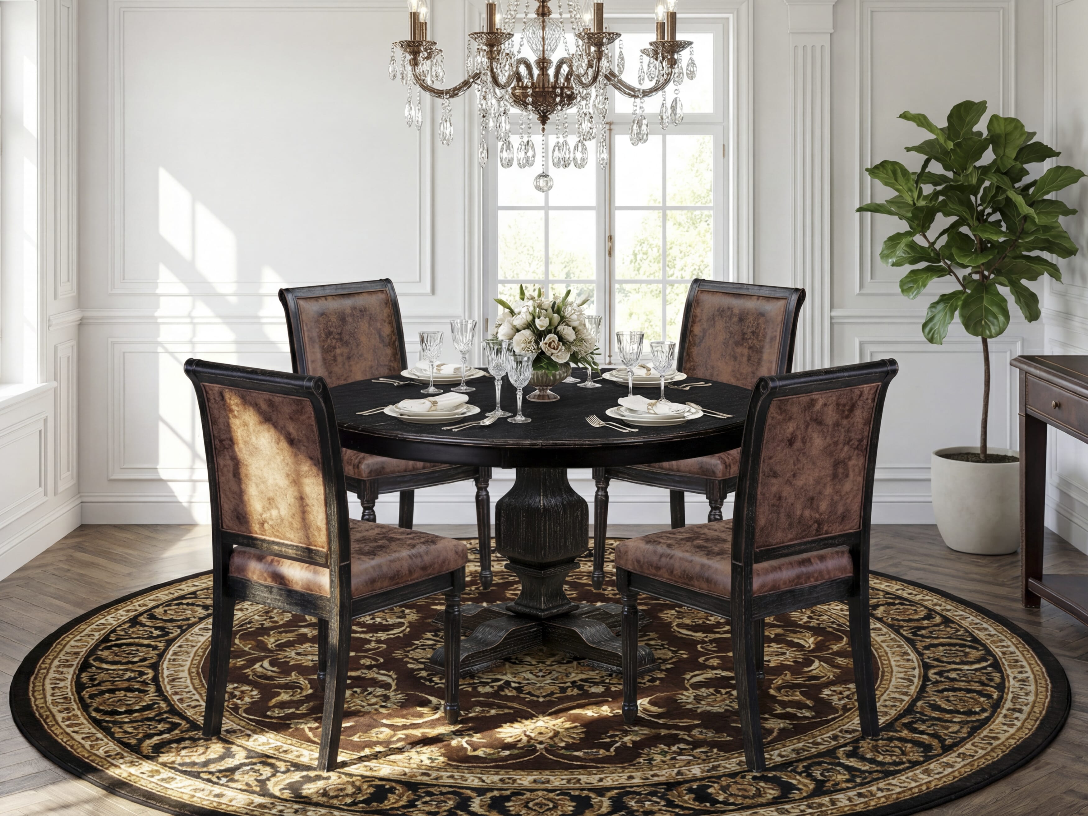 Luxe by East West Furniture - F3CY5-511-33 - 5-piece Dining Set consists of a Dining Table and 4 Brown Polyester Fabric Upholstered Dining Chairs with High Back - Sand Blasting Black Finish