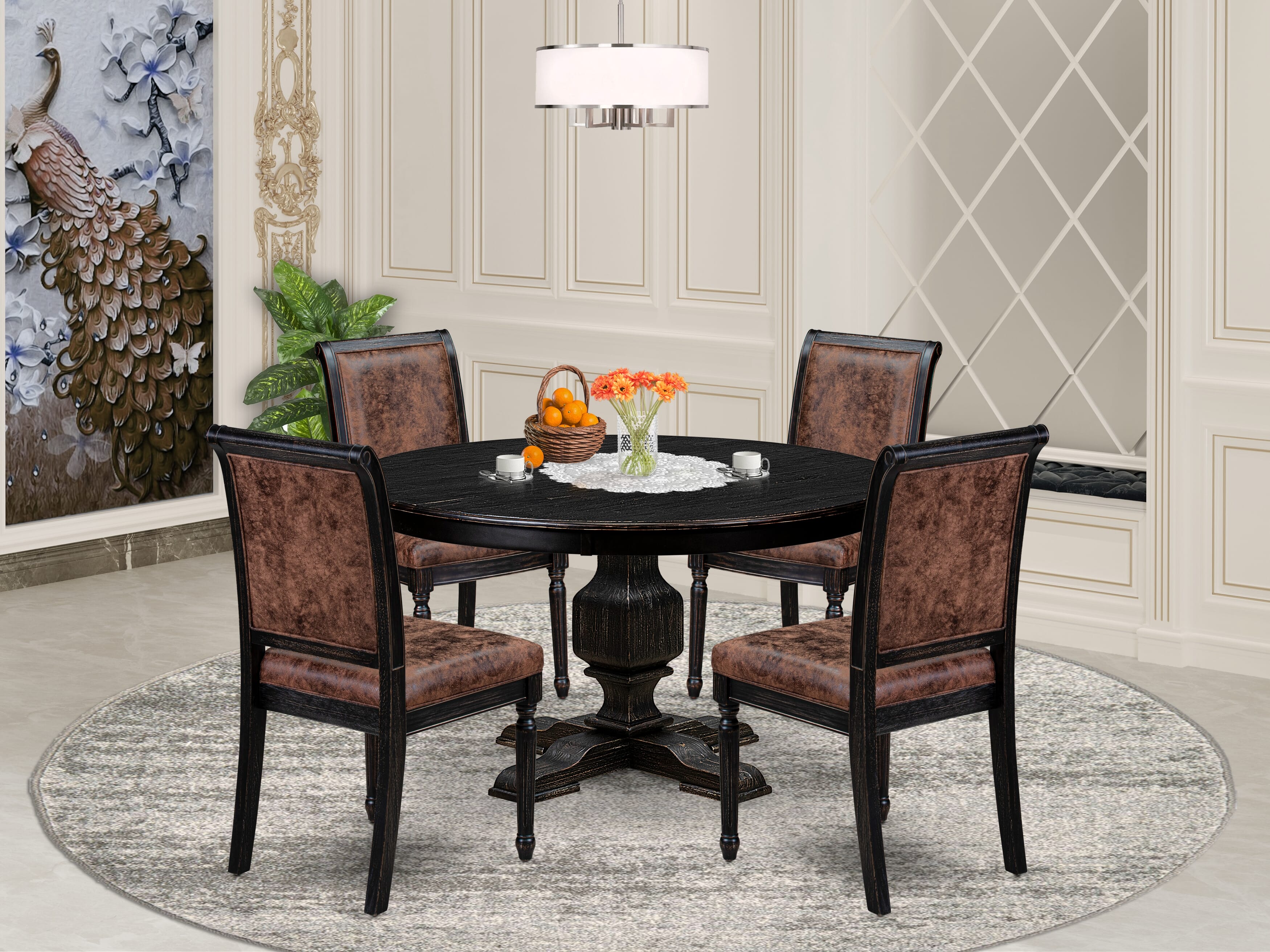 Luxe by East West Furniture - F3CY5-511-33 - 5-piece Dining Set consists of a Dining Table and 4 Brown Polyester Fabric Upholstered Dining Chairs with High Back - Sand Blasting Black Finish