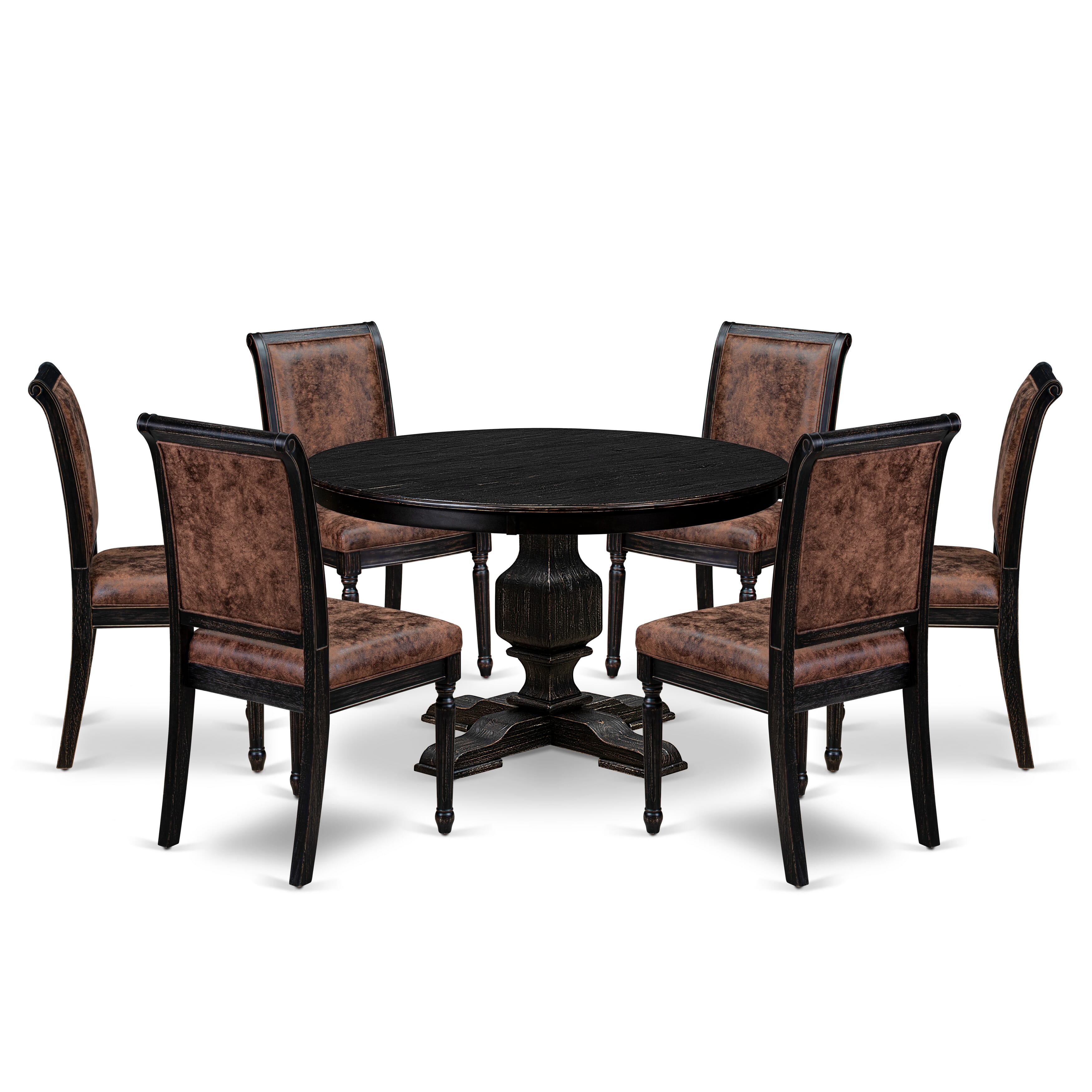 Luxe by East West Furniture - F3CY7-411-33 - 7-piece Modern Dining Table Set consists of a Dining Table and 6 Brown Polyester Fabric Modern Dining Chair with High Back - Sand Blasting Black Finish