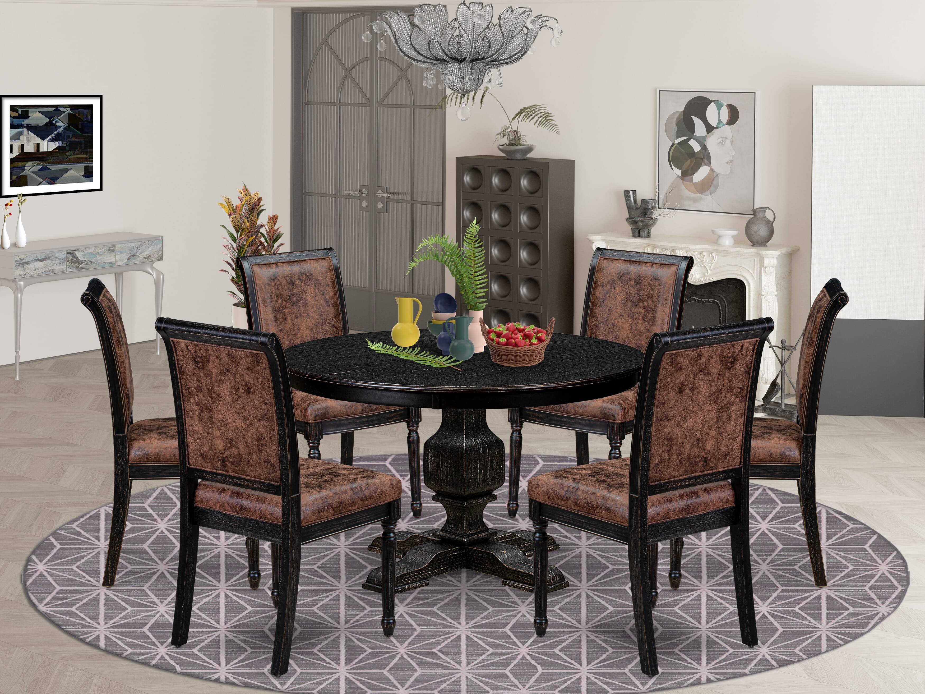 Luxe by East West Furniture - F3CY7-411-33 - 7-piece Modern Dining Table Set consists of a Dining Table and 6 Brown Polyester Fabric Modern Dining Chair with High Back - Sand Blasting Black Finish