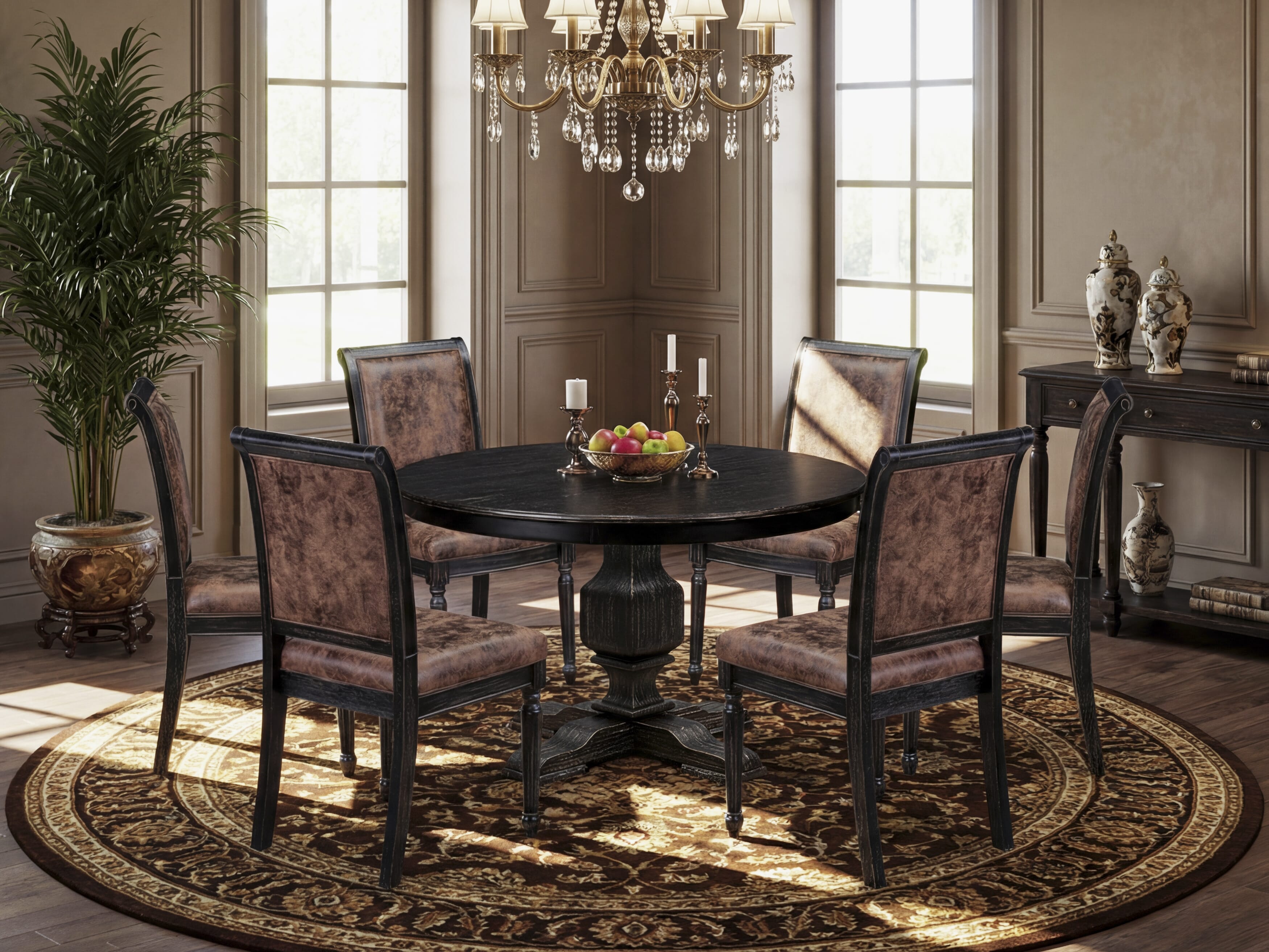 Luxe by East West Furniture - F3CY7-411-33 - 7-piece Modern Dining Table Set consists of a Dining Table and 6 Brown Polyester Fabric Modern Dining Chair with High Back - Sand Blasting Black Finish