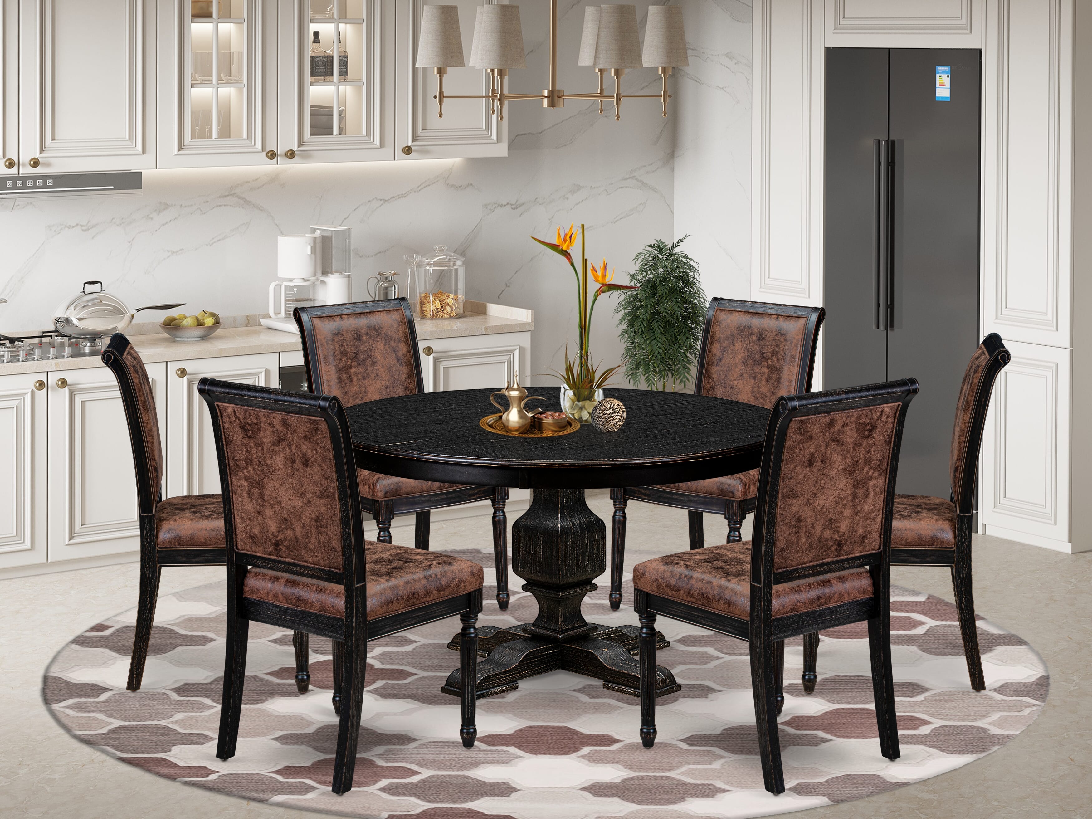 Luxe by East West Furniture - F3CY7-511-33 - 7-piece Dining Set consists of a Dining Table and 6 Brown Polyester Fabric Upholstered Dining Chairs with High Back - Sand Blasting Black Finish