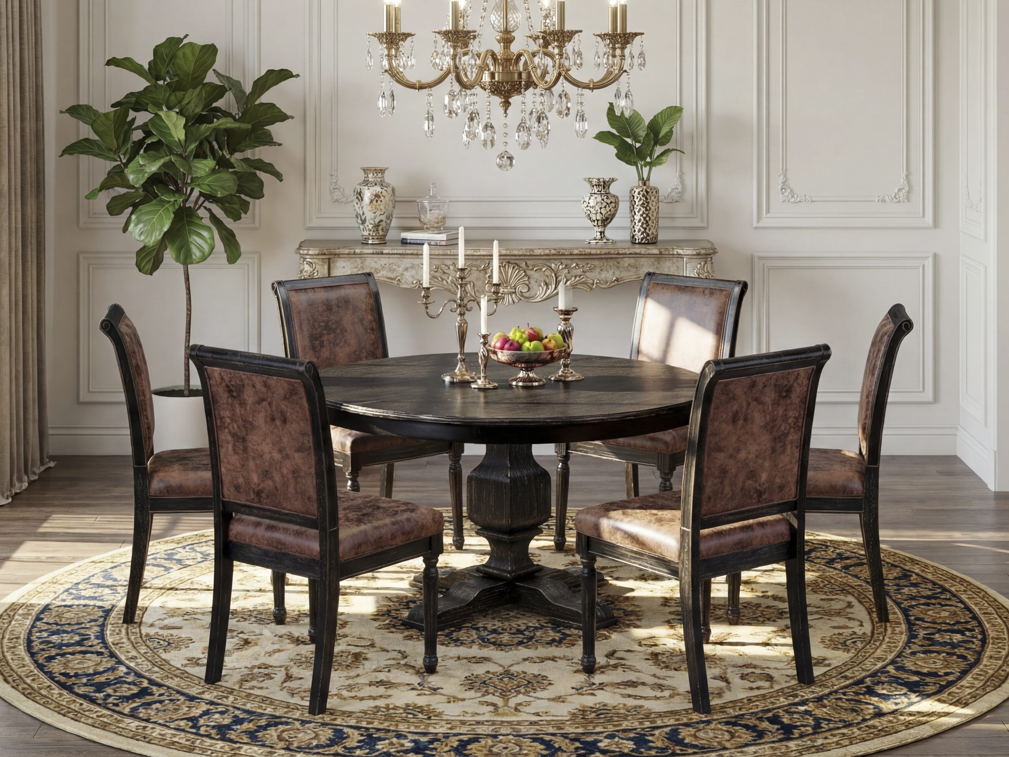 Luxe by East West Furniture - F3CY7-511-33 - 7-piece Dining Set consists of a Dining Table and 6 Brown Polyester Fabric Upholstered Dining Chairs with High Back - Sand Blasting Black Finish