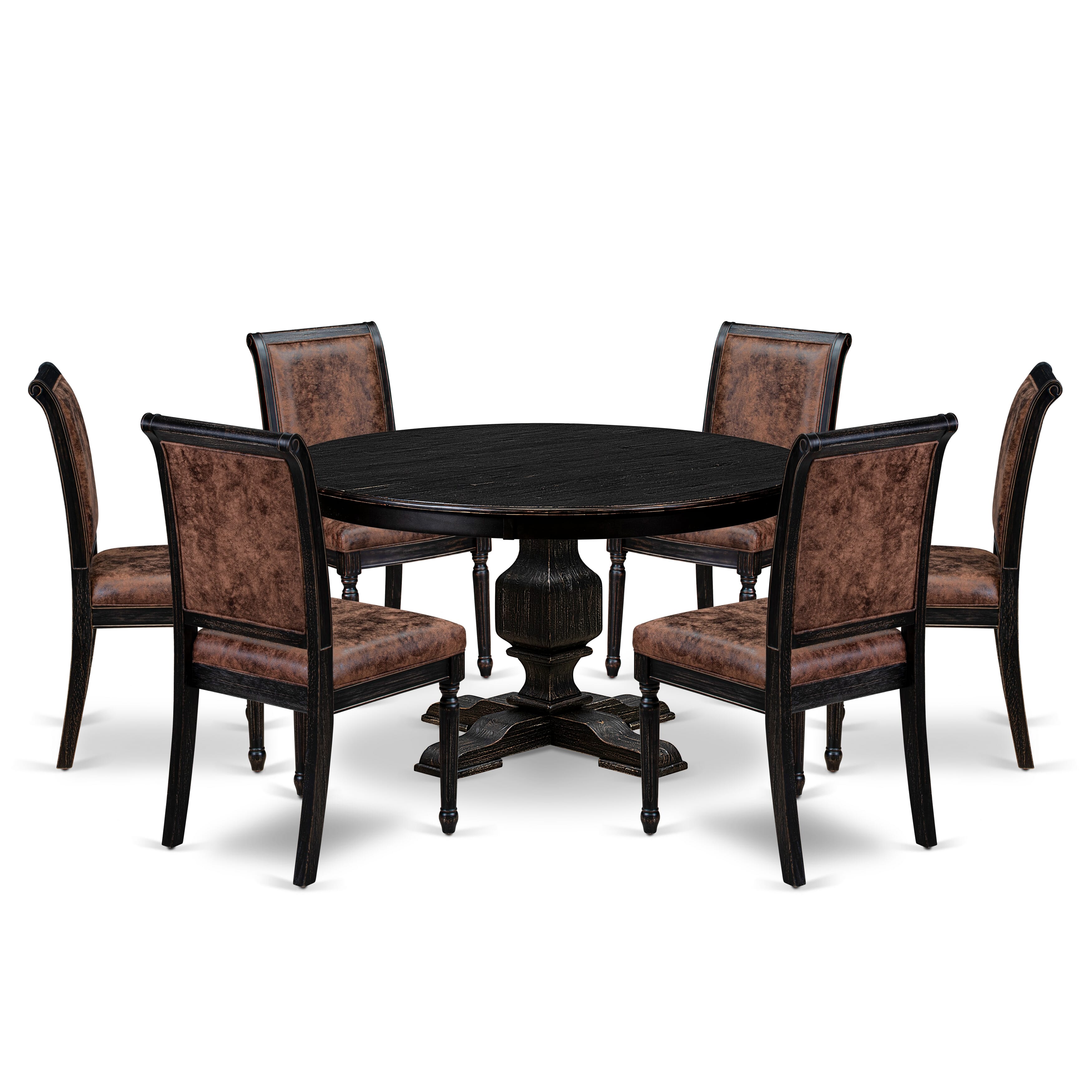 Luxe by East West Furniture - F3CY7-511-33 - 7-piece Dining Set consists of a Dining Table and 6 Brown Polyester Fabric Upholstered Dining Chairs with High Back - Sand Blasting Black Finish
