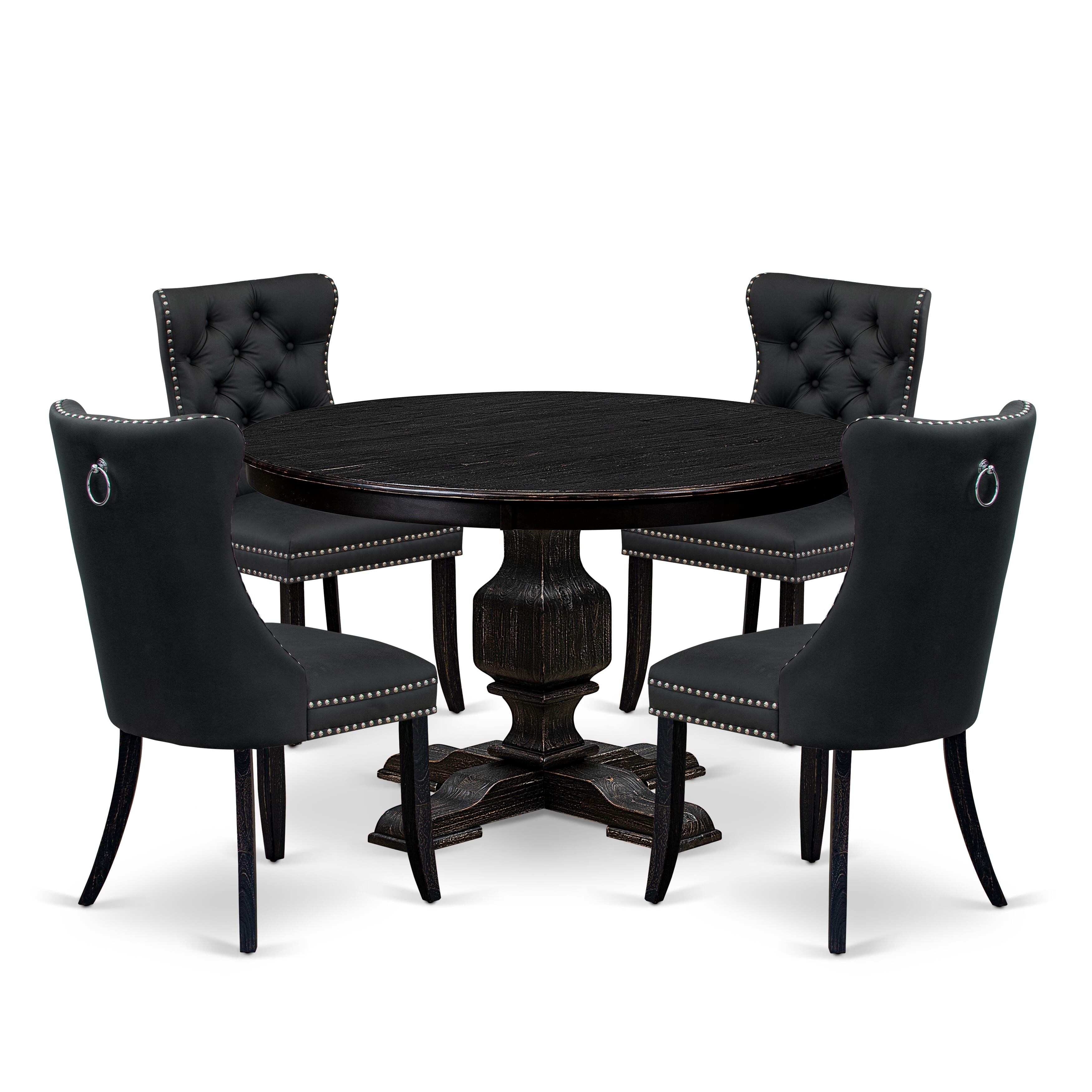 Luxe by East West Furniture F3DA5-411-12 5-Piece Dining Room Set with Faux Leather 4 Dark Gray kitchen chairs, Button-Tufted Backs, and a 48"Round Dinner Table in Sand Blasted Black Finish.
