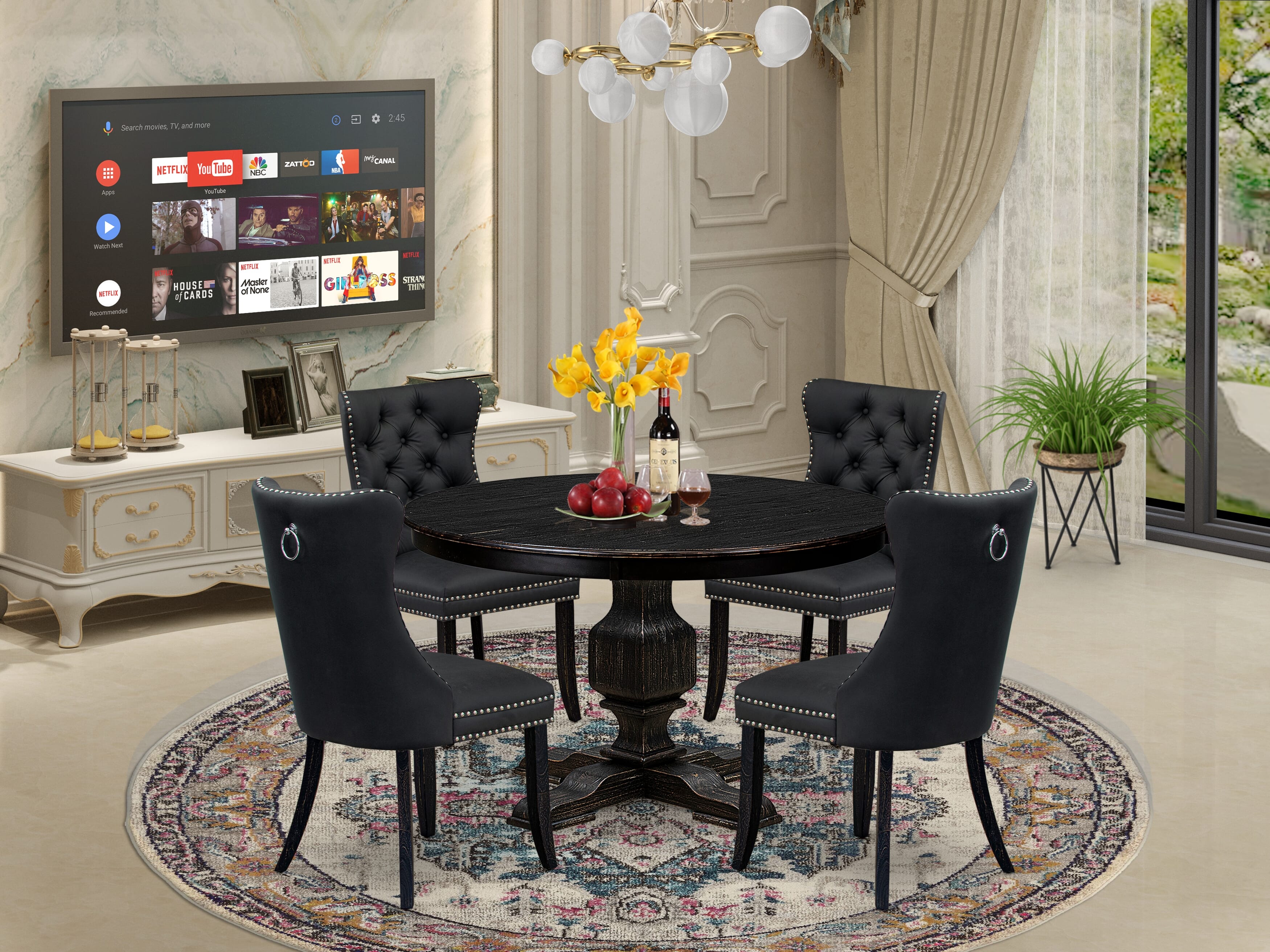 Luxe by East West Furniture F3DA5-411-12 5-Piece Dining Room Set with Faux Leather 4 Dark Gray kitchen chairs, Button-Tufted Backs, and a 48"Round Dinner Table in Sand Blasted Black Finish.