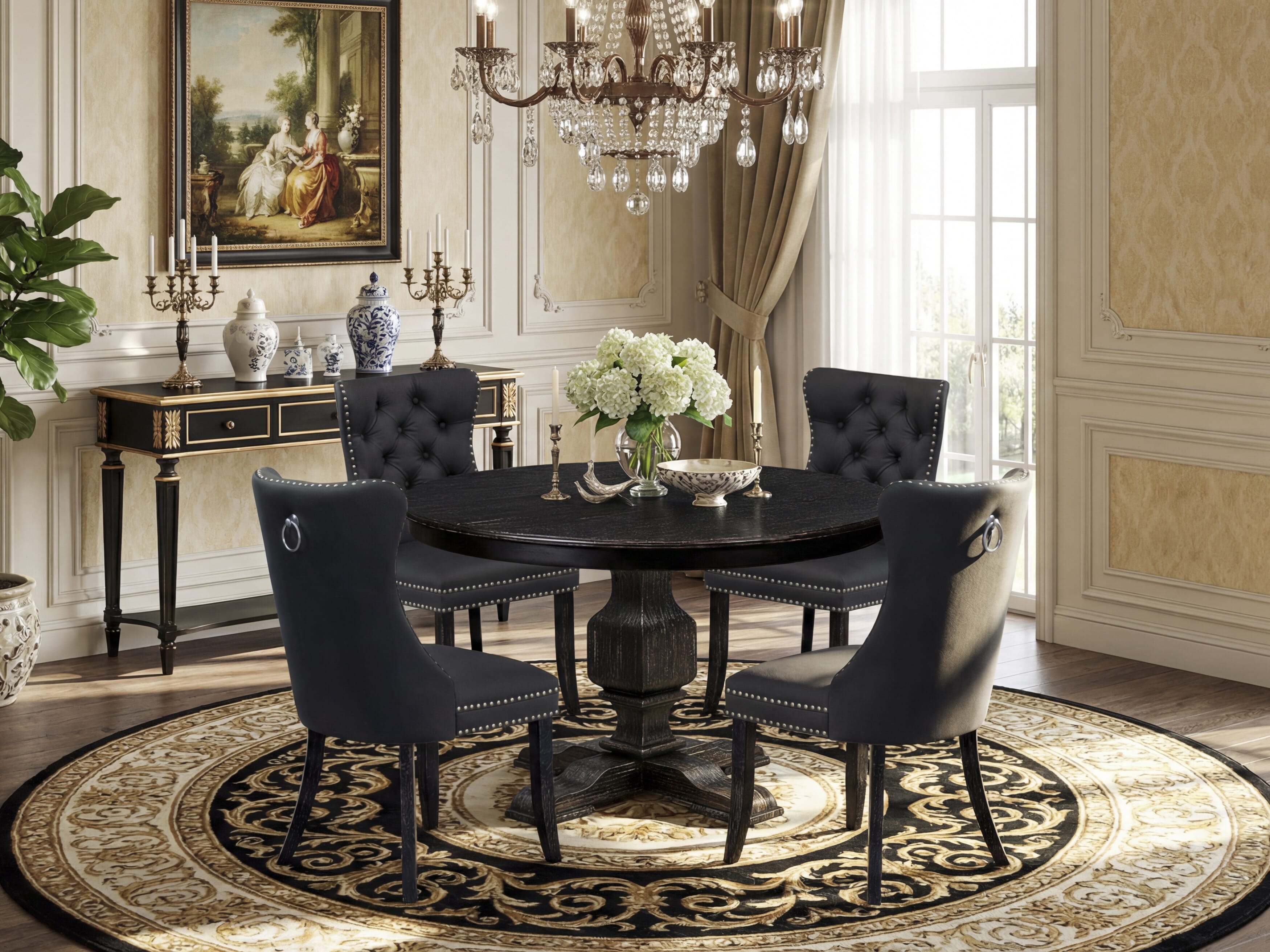 Luxe by East West Furniture F3DA5-411-12 5-Piece Dining Room Set with Faux Leather 4 Dark Gray kitchen chairs, Button-Tufted Backs, and a 48"Round Dinner Table in Sand Blasted Black Finish.