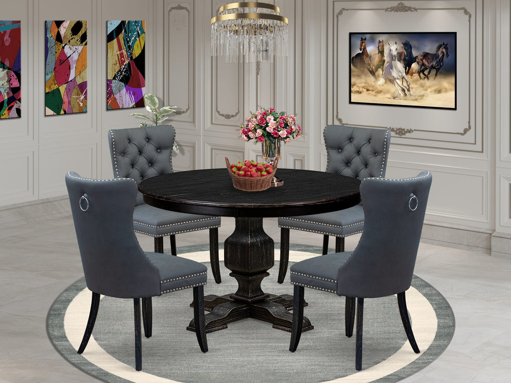 Luxe by East West Furniture F3DA5-411-13 5-piece Dining Room Set with Faux Leather 4 Platinum Gray kitchen chairs, Button-Tufted Backs, and a 48"Round Dinner Table in Sand Blasted Black Finish.