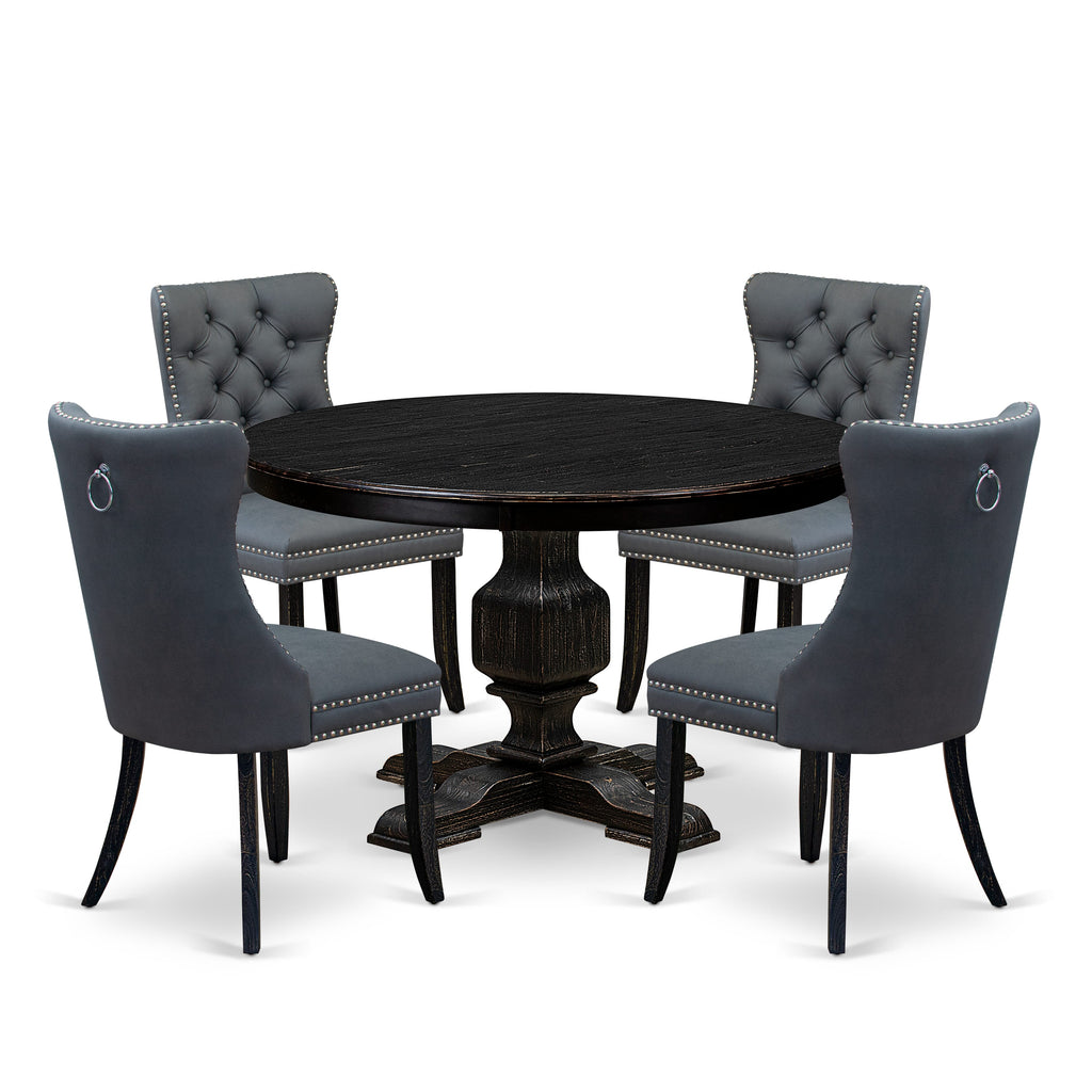 Luxe by East West Furniture F3DA5-411-13 5-piece Dining Room Set with Faux Leather 4 Platinum Gray kitchen chairs, Button-Tufted Backs, and a 48"Round Dinner Table in Sand Blasted Black Finish.