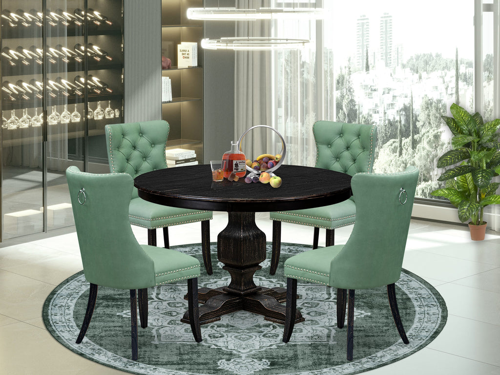 Luxe by East West Furniture F3DA5-411-22 5 Piece Dining Set Contains a 48" Round Table with Pedestal and 4 Willow Green Faux Leather Upholstered Chairs, Sand Blasted Black