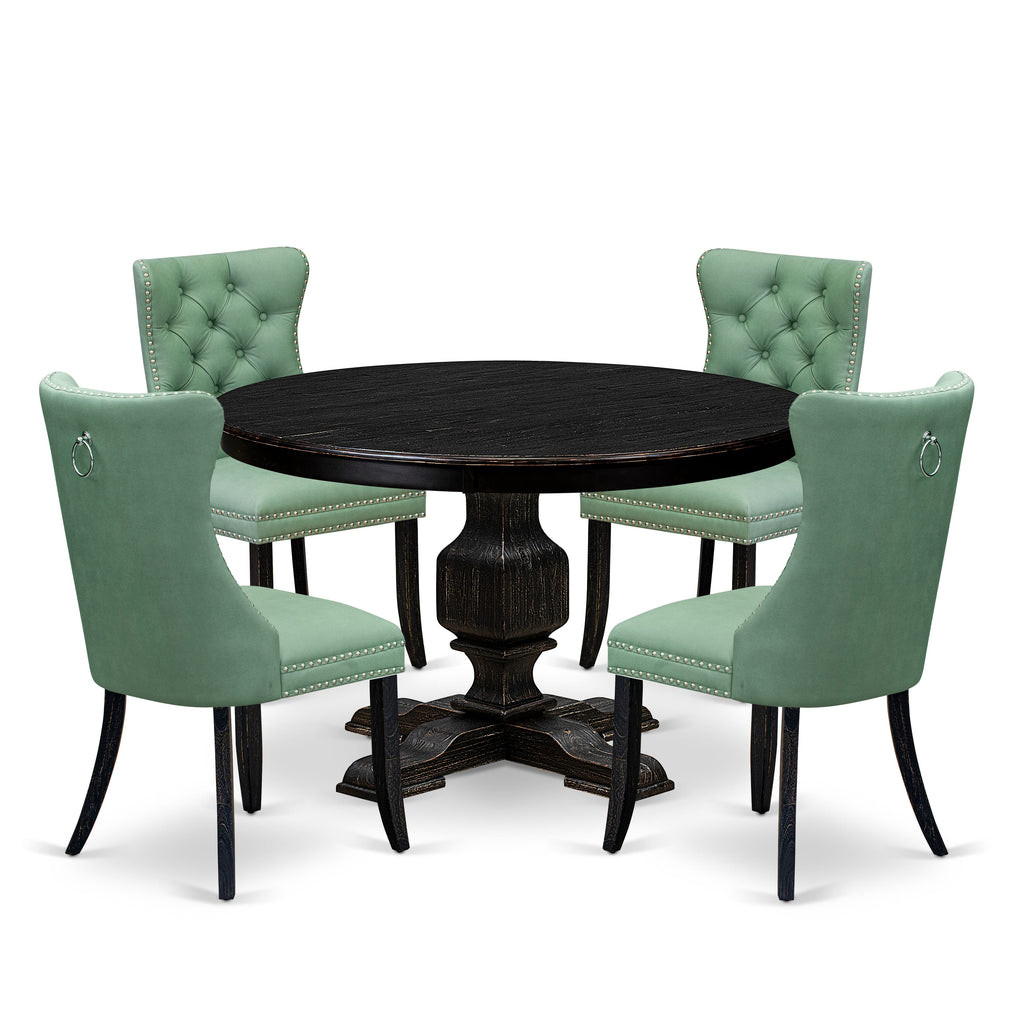 Luxe by East West Furniture F3DA5-411-22 5 Piece Dining Set Contains a 48" Round Table with Pedestal and 4 Willow Green Faux Leather Upholstered Chairs, Sand Blasted Black