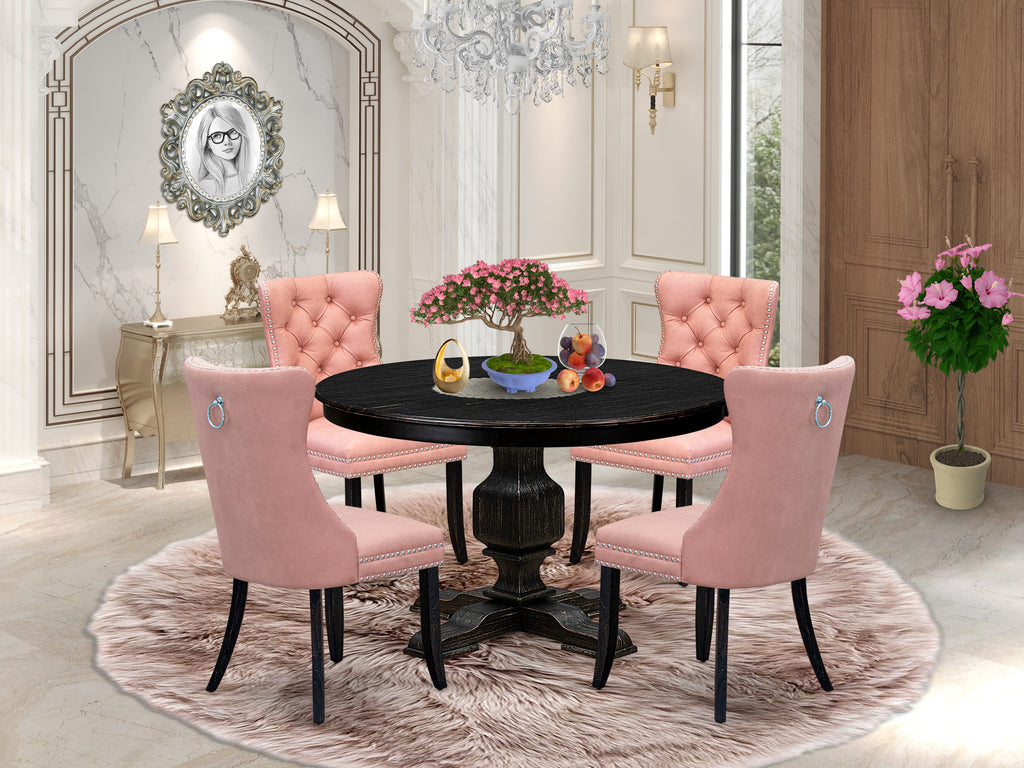Luxe by East West Furniture F3DA5-411-23 5 Piece Dining Set for 4 Includes a 48" Round Table with Pedestal and 4 Beige Red Faux Leather Upholstered Chairs, Sand Blasted Black