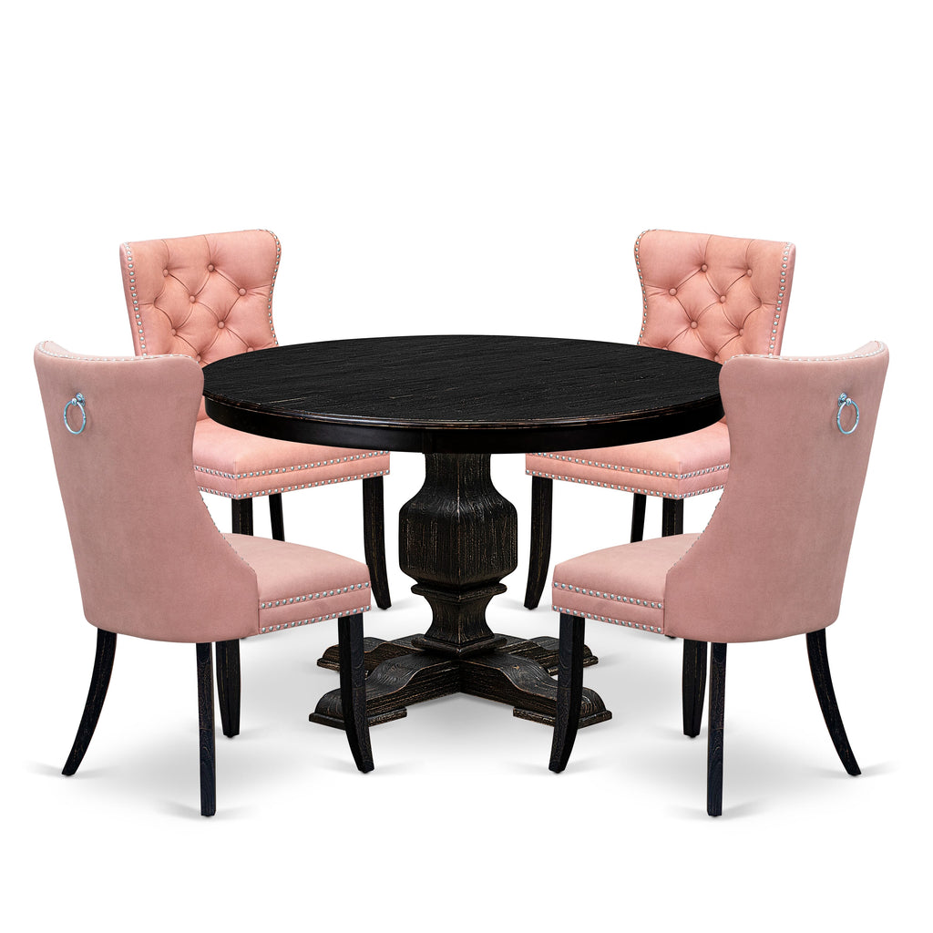 Luxe by East West Furniture F3DA5-411-23 5 Piece Dining Set for 4 Includes a 48" Round Table with Pedestal and 4 Beige Red Faux Leather Upholstered Chairs, Sand Blasted Black
