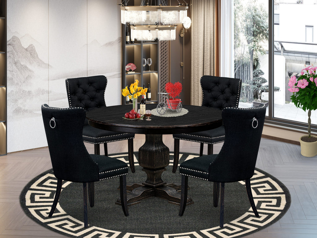 Luxe by East West Furniture F3DA5-411-24 5 Piece Dining Room Set for 4 Contains a 48" Round Table with Pedestal and 4 Black Linen Fabric Parson Chairs, Sand Blasted Black