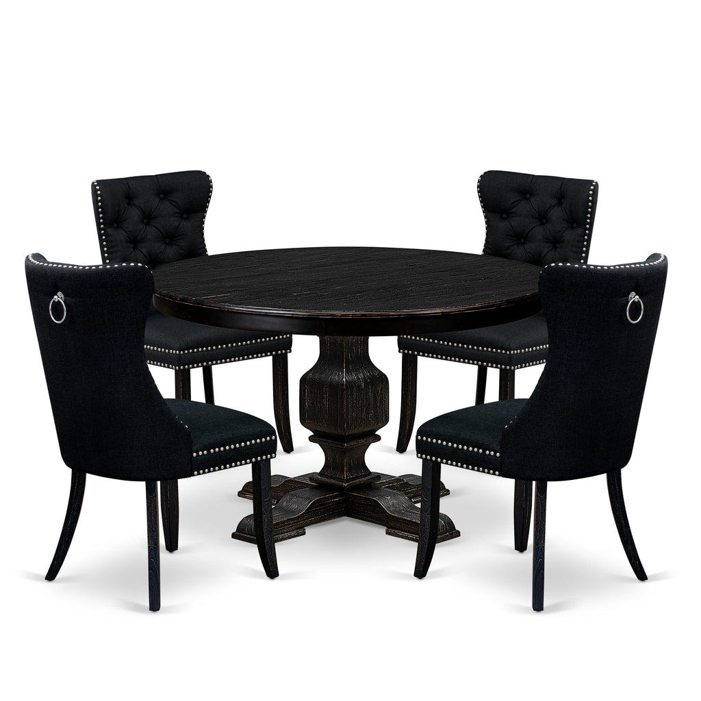 Luxe by East West Furniture F3DA5-411-24 5 Piece Dining Room Set for 4 Contains a 48" Round Table with Pedestal and 4 Black Linen Fabric Parson Chairs, Sand Blasted Black