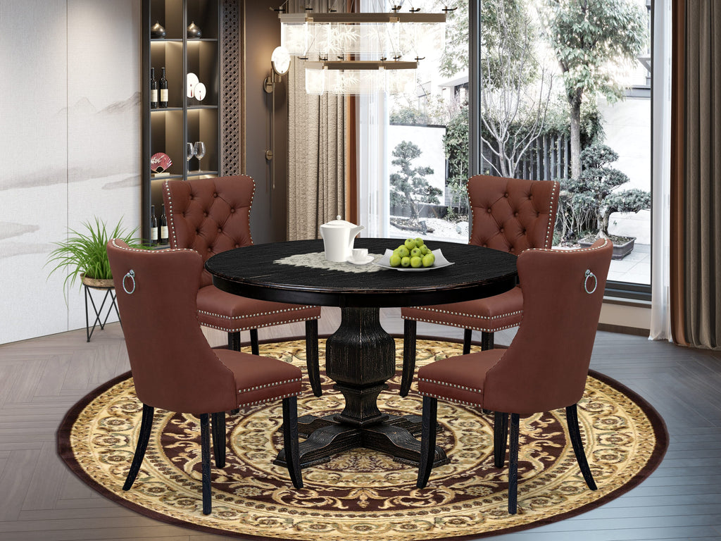 Luxe by East West Furniture F3DA5-411-26 5 Piece Dining Table Set Includes a 48" Round Table with Pedestal and 4 Burgandy Faux Leather Upholstered Chairs, Sand Blasted Black